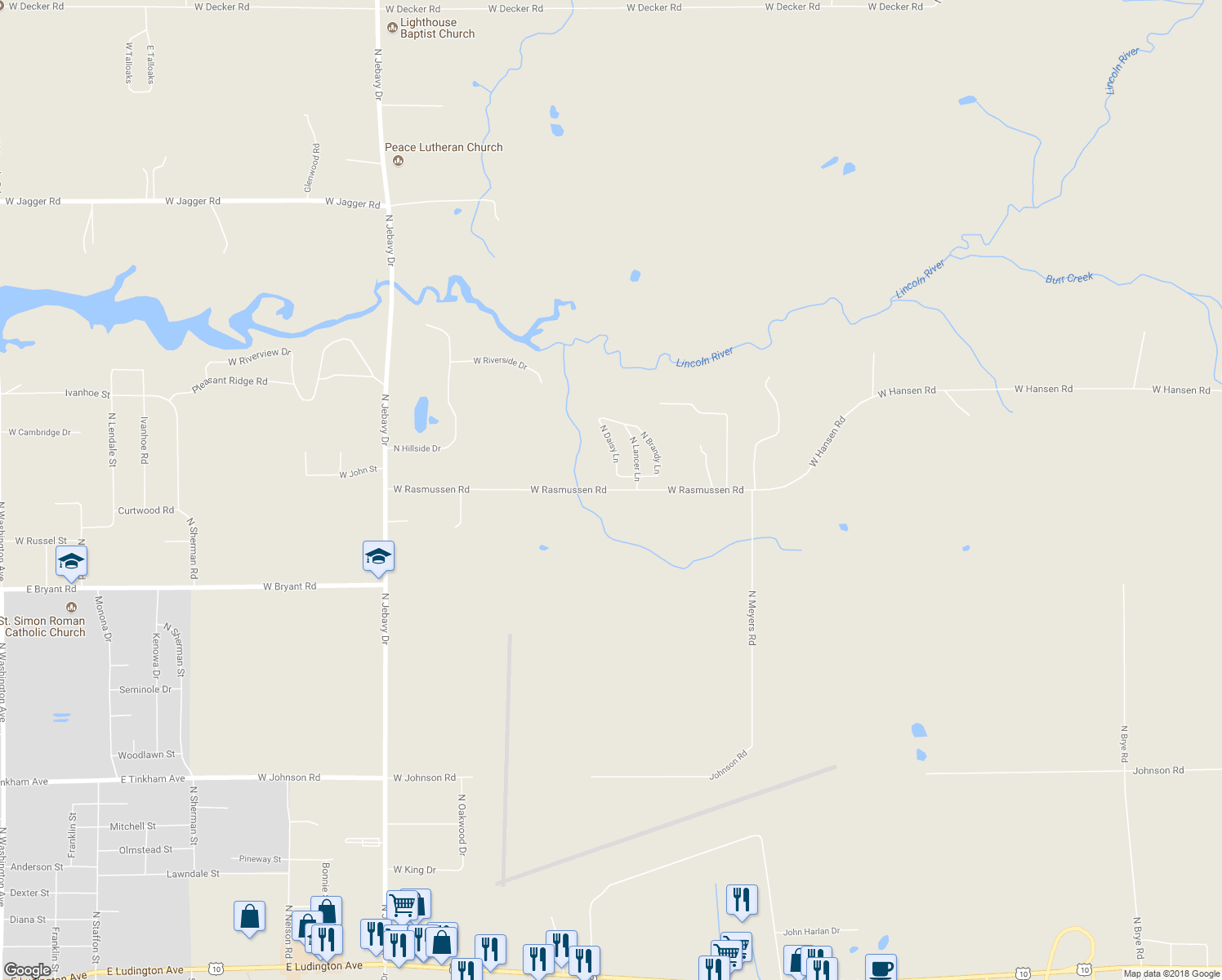 map of restaurants, bars, coffee shops, grocery stores, and more near 5103 West Rasmussen Road in Ludington