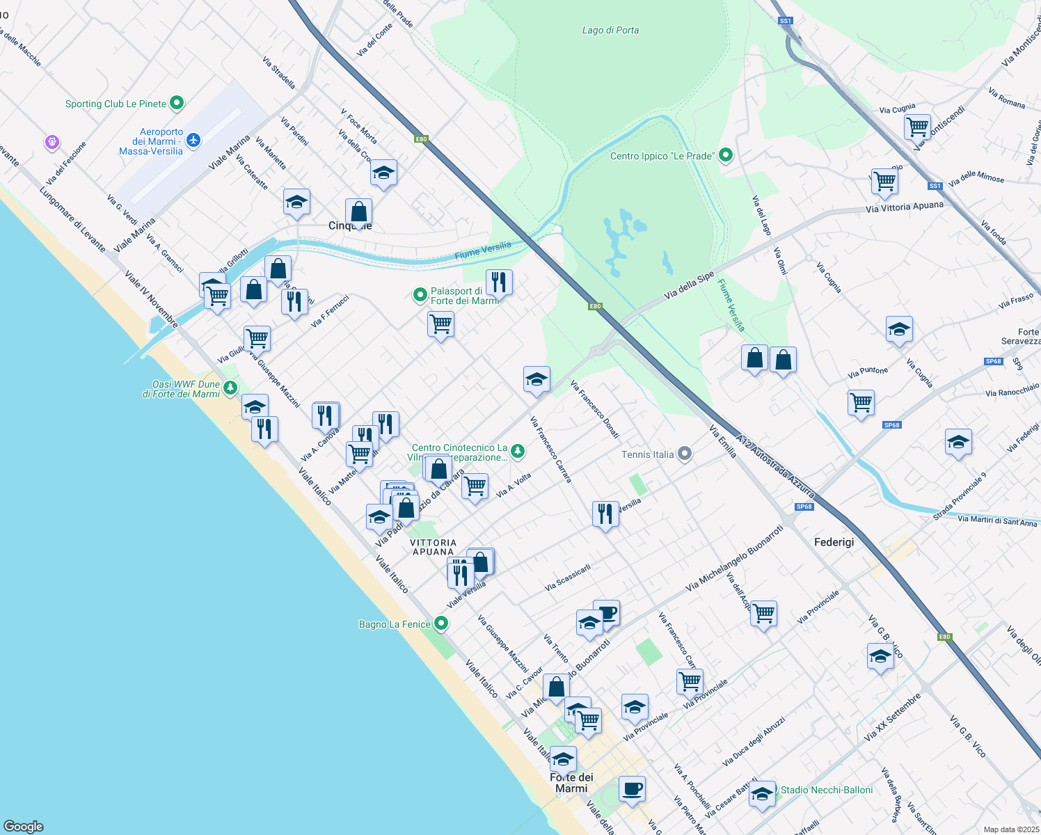 map of restaurants, bars, coffee shops, grocery stores, and more near 56 Via Ignazio da Carrara Padre in Forte dei Marmi