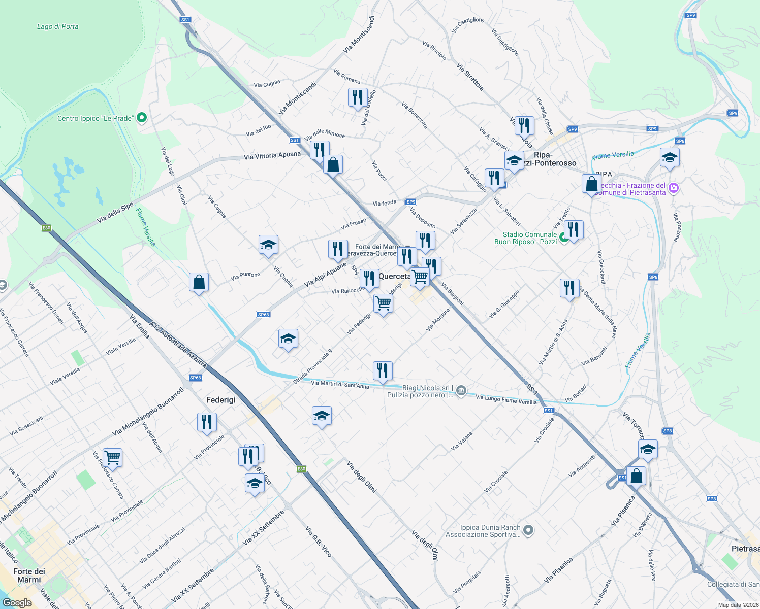 map of restaurants, bars, coffee shops, grocery stores, and more near Via Fortunato Federigi in Ripa- Pozzi-Ponterosso