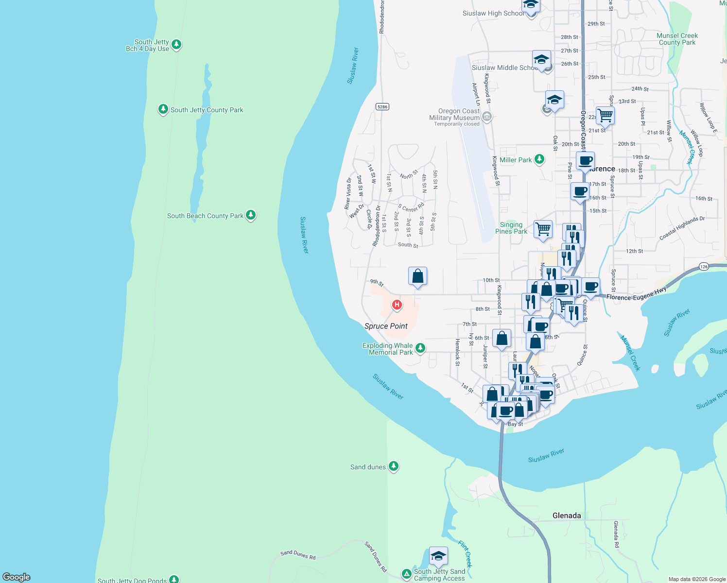 map of restaurants, bars, coffee shops, grocery stores, and more near 1025 Rhododendron Drive in Florence