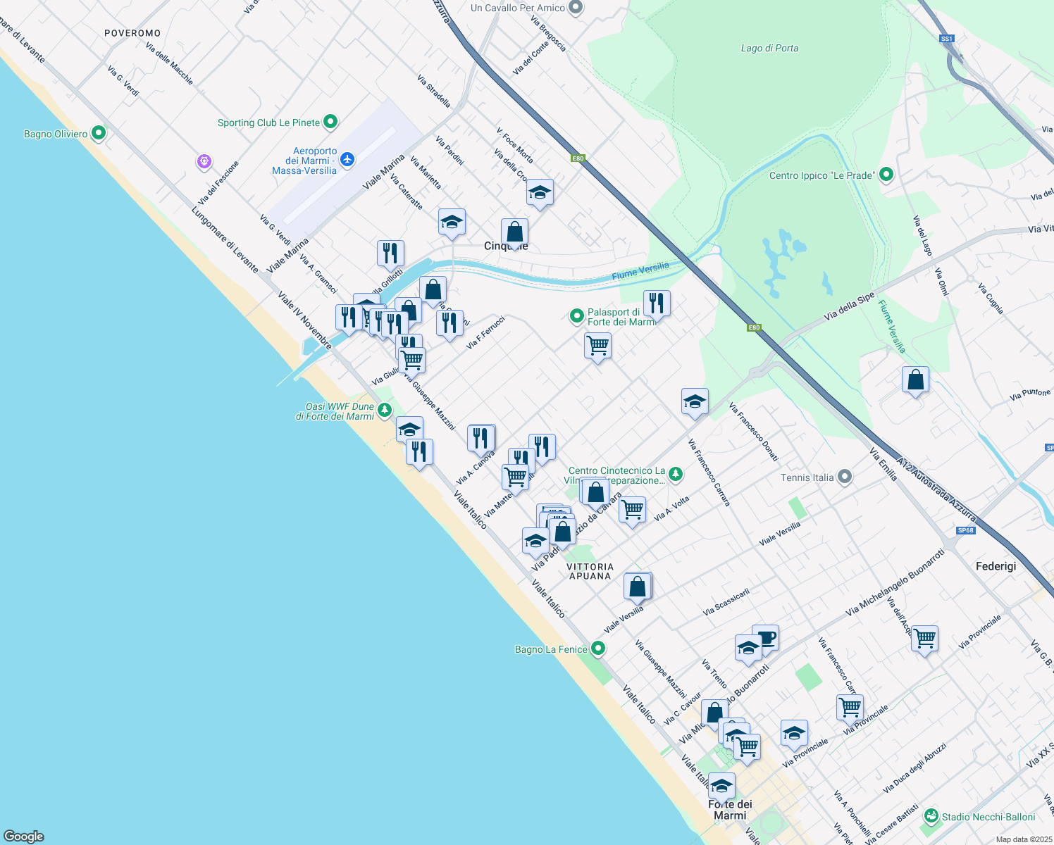 map of restaurants, bars, coffee shops, grocery stores, and more near 77 Via A. Canova in Forte dei Marmi