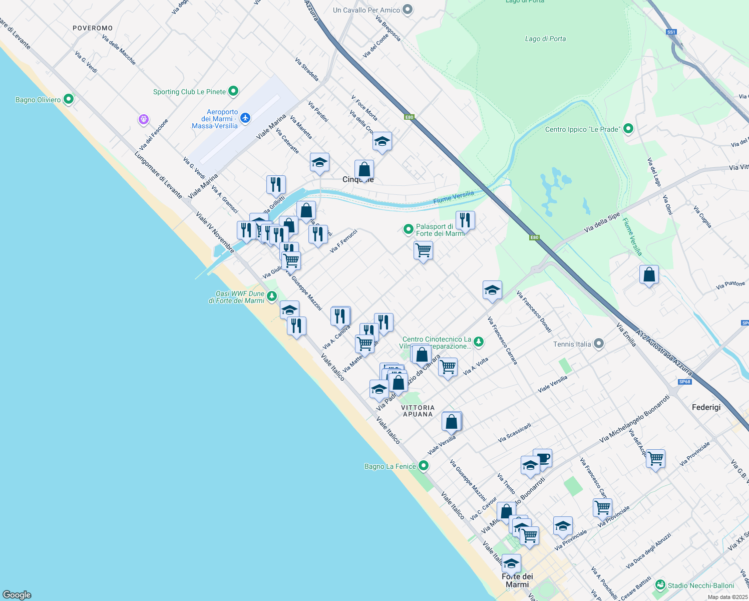 map of restaurants, bars, coffee shops, grocery stores, and more near 77 Via A. Canova in Forte dei Marmi