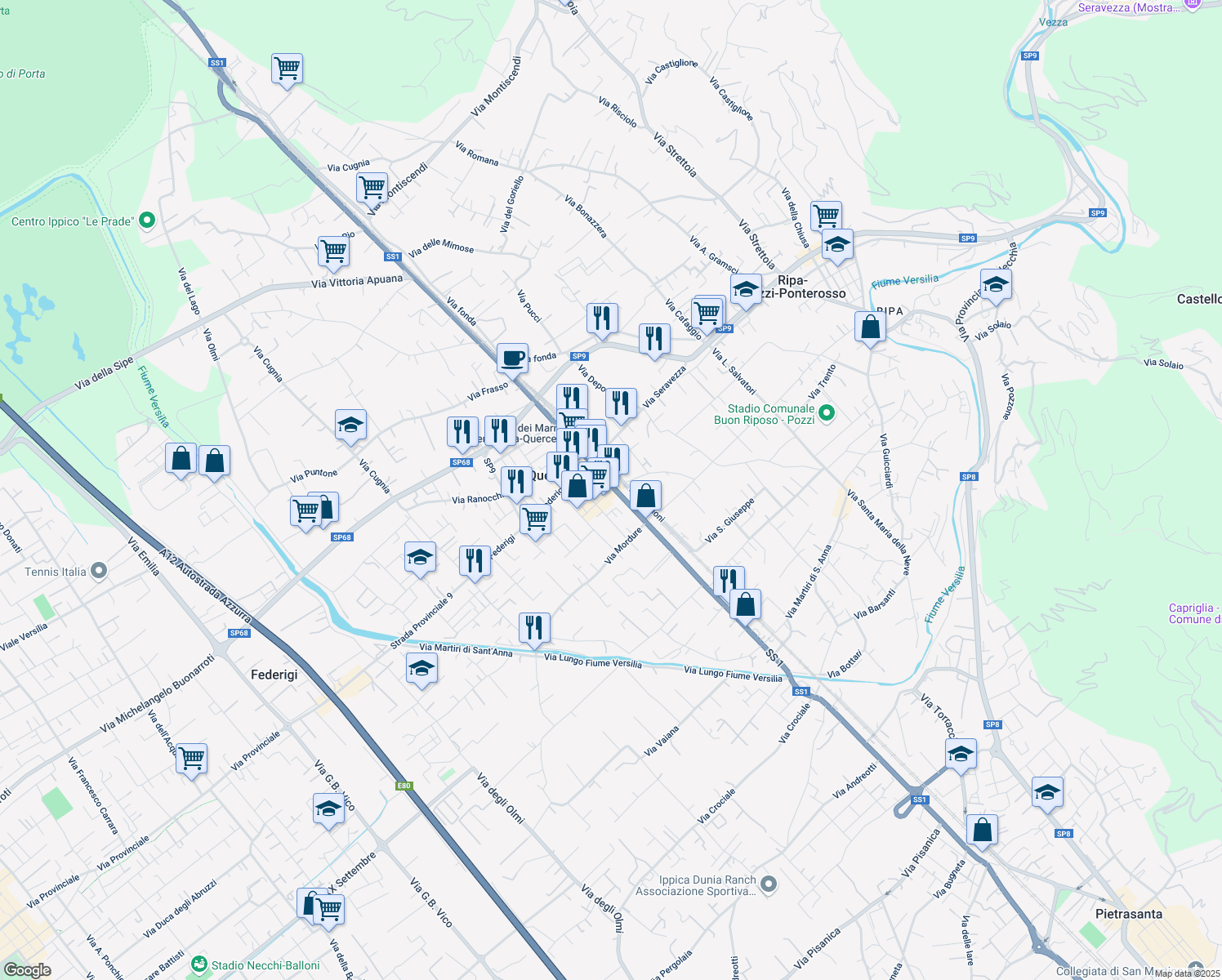 map of restaurants, bars, coffee shops, grocery stores, and more near 6 Piazza Giacomo Matteotti in Ripa-pozzi-querceta-ponterosso