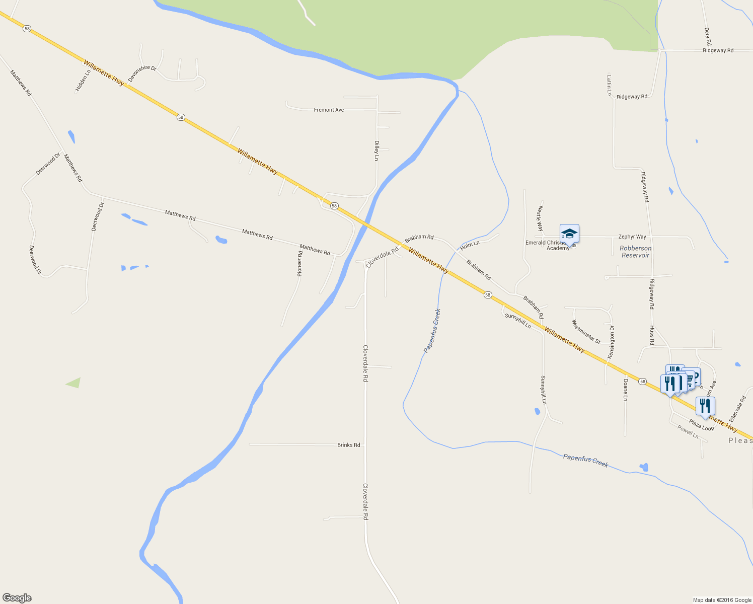 map of restaurants, bars, coffee shops, grocery stores, and more near 85131 Cloverdale Road in Creswell