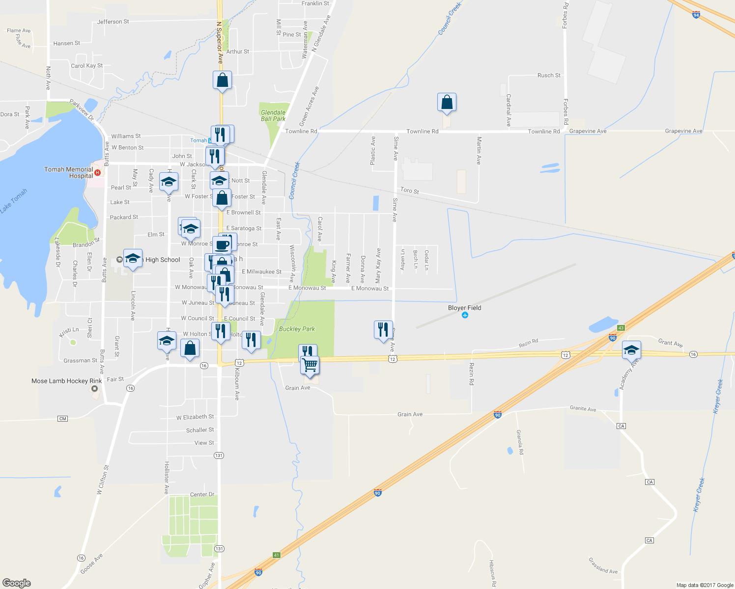 map of restaurants, bars, coffee shops, grocery stores, and more near 1013 East Monowau Street in Tomah