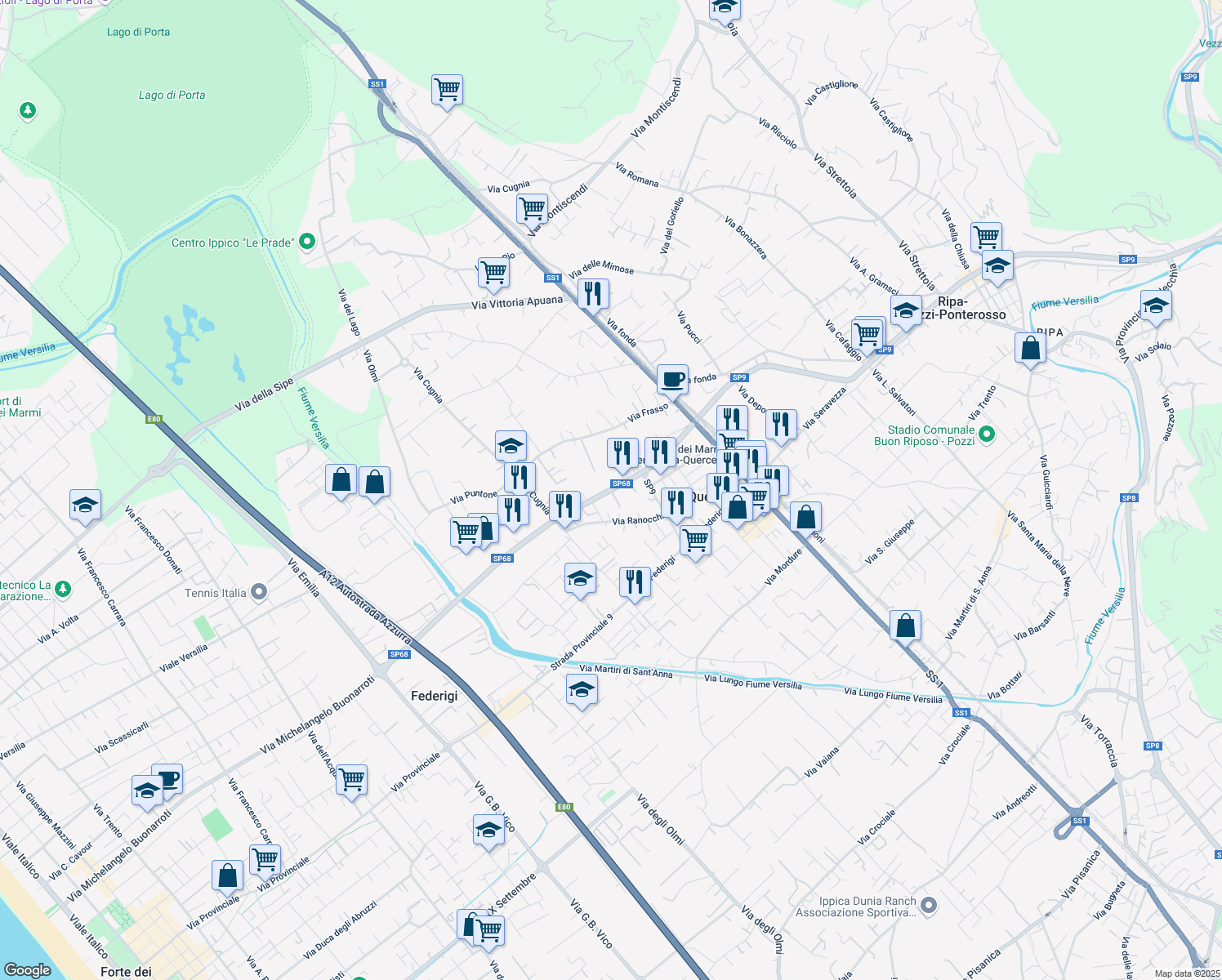 map of restaurants, bars, coffee shops, grocery stores, and more near Strada Provinciale 68 in Ripa- Pozzi-Ponterosso