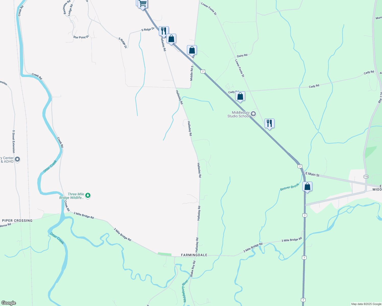map of restaurants, bars, coffee shops, grocery stores, and more near 1014 Halladay Road in Middlebury