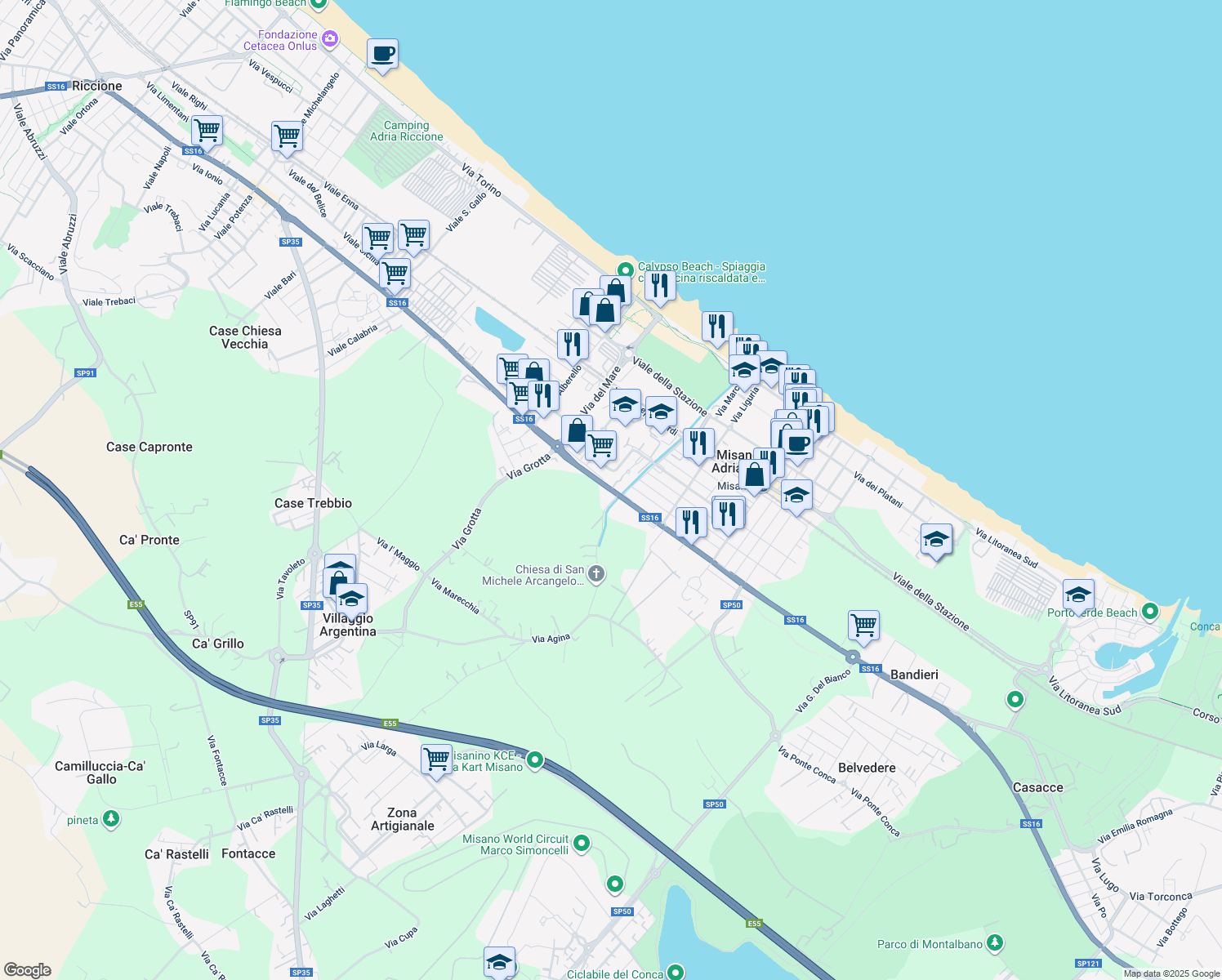 map of restaurants, bars, coffee shops, grocery stores, and more near Strada Statale 16 Adriatica in Misano Adriatico