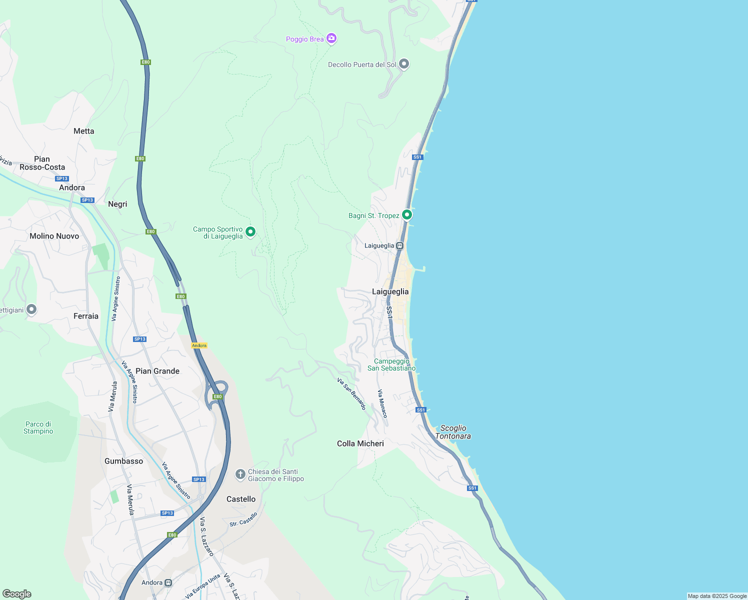 map of restaurants, bars, coffee shops, grocery stores, and more near 3 Via del Carmine in Laigueglia