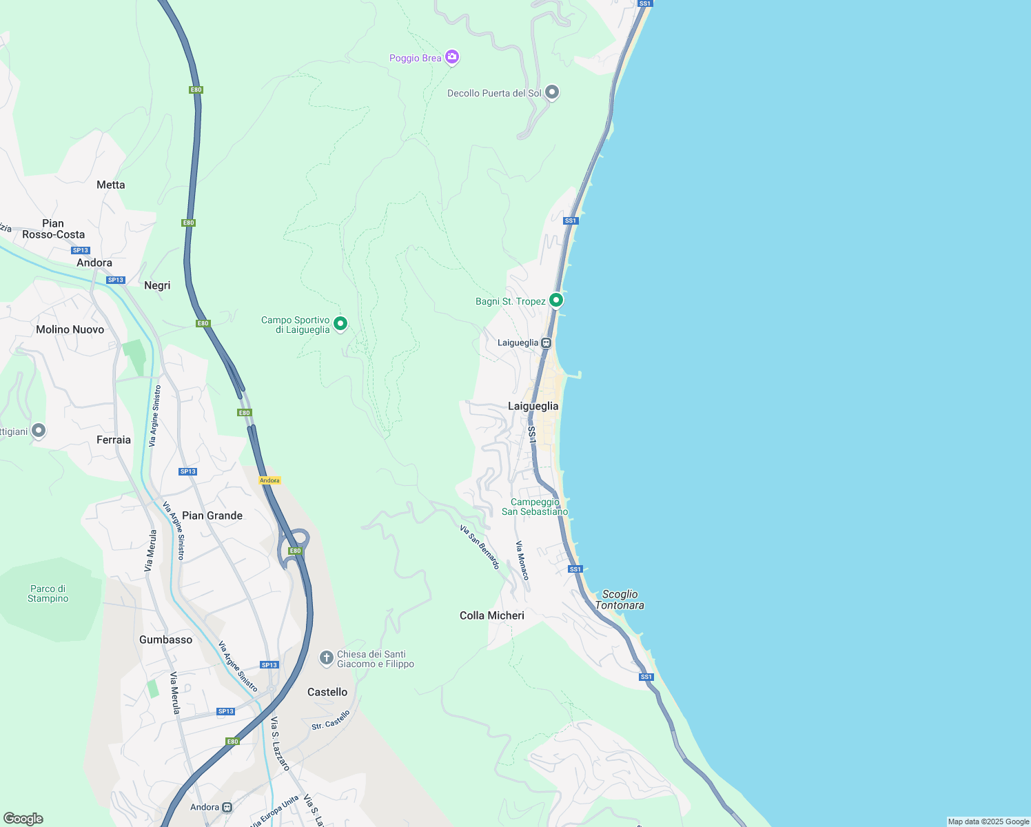 map of restaurants, bars, coffee shops, grocery stores, and more near 3 Via del Carmine in Laigueglia