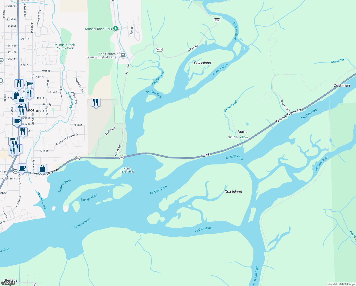 map of restaurants, bars, coffee shops, grocery stores, and more near 5979 Oregon 126 in Florence