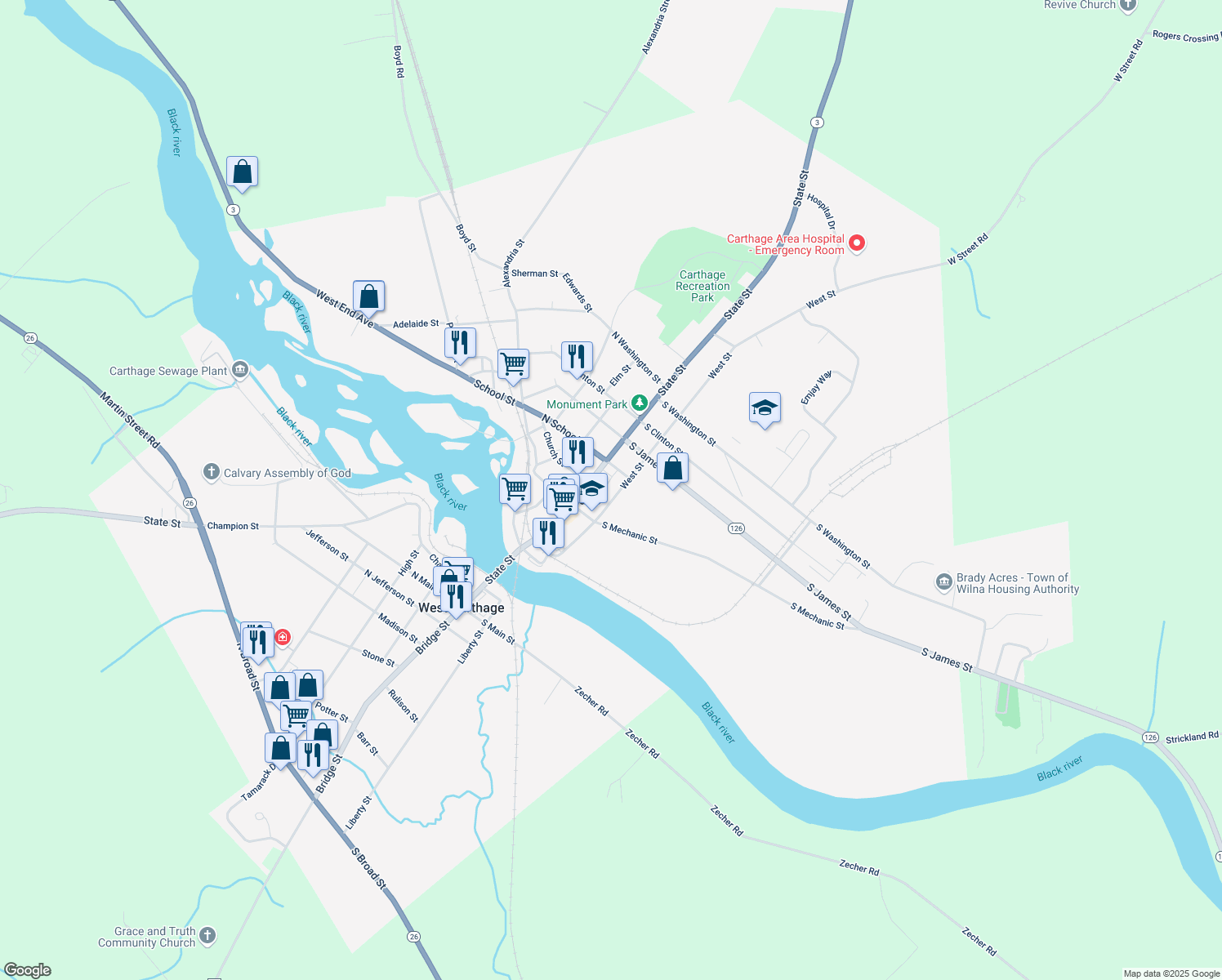 map of restaurants, bars, coffee shops, grocery stores, and more near 409 West Street in Carthage
