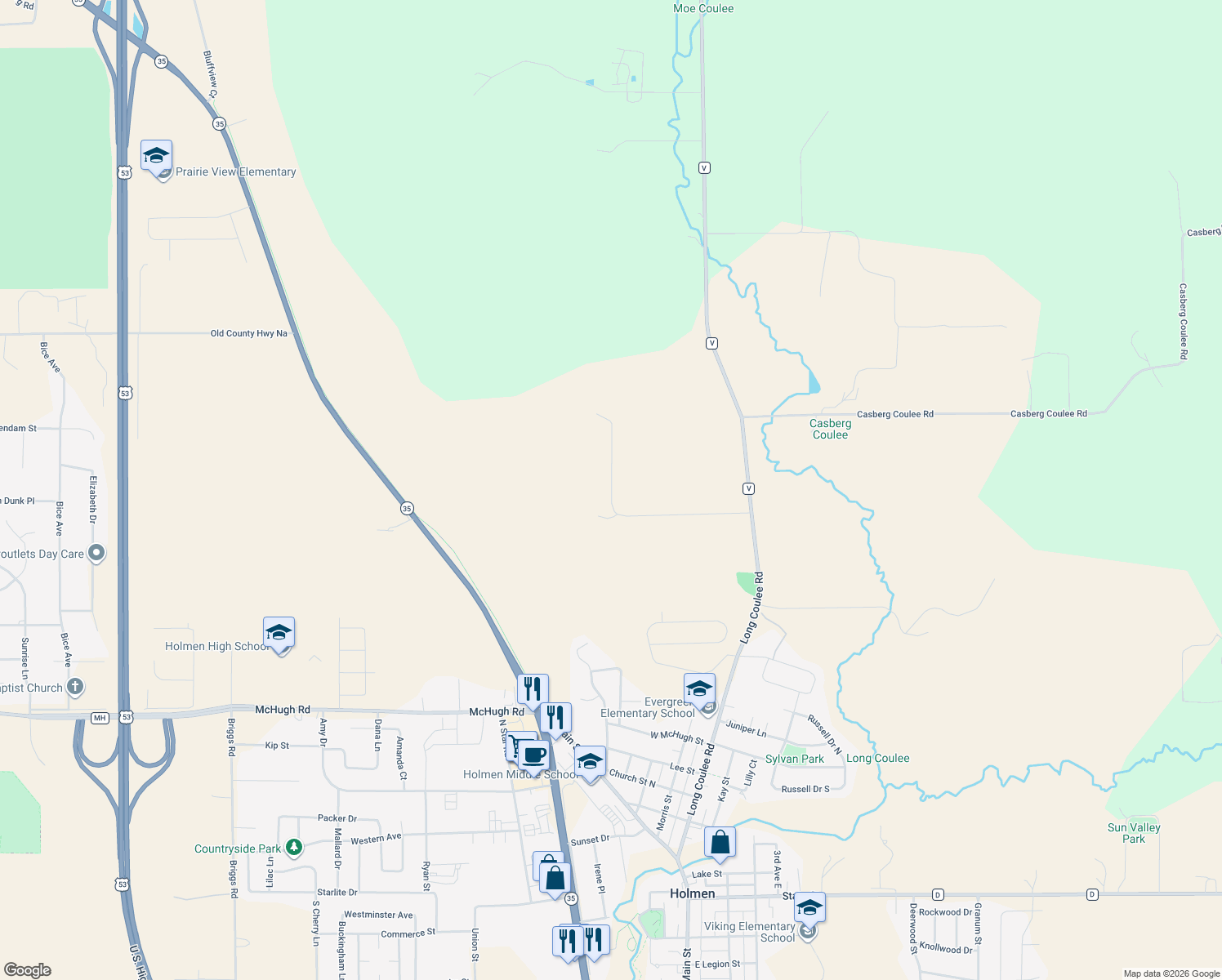 map of restaurants, bars, coffee shops, grocery stores, and more near Glomstad Road in Holmen