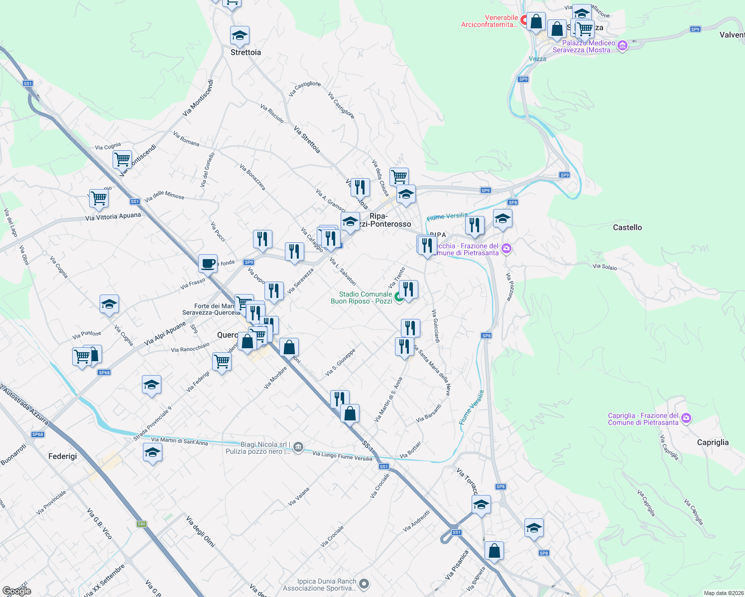 map of restaurants, bars, coffee shops, grocery stores, and more near 423 Via L. Salvatori in Ripa- Pozzi-Ponterosso