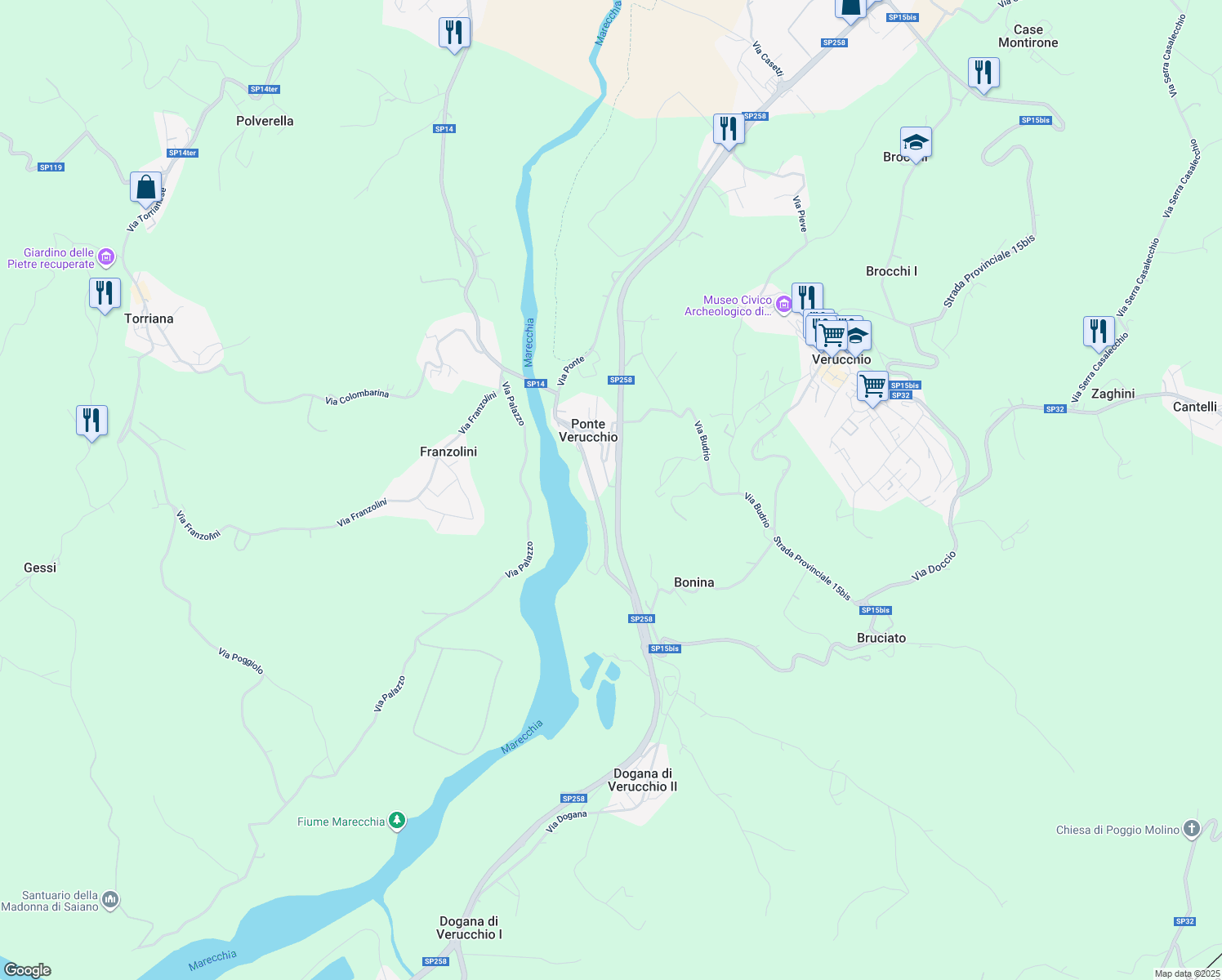 map of restaurants, bars, coffee shops, grocery stores, and more near 54 Via Marecchiese in Ponte Verucchio