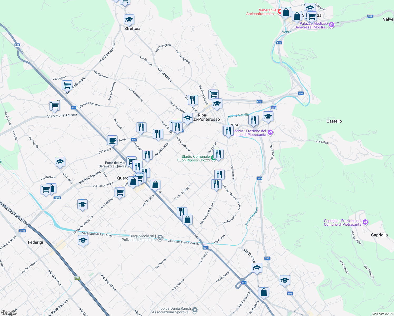 map of restaurants, bars, coffee shops, grocery stores, and more near 423 Via L. Salvatori in Ripa- Pozzi-Ponterosso