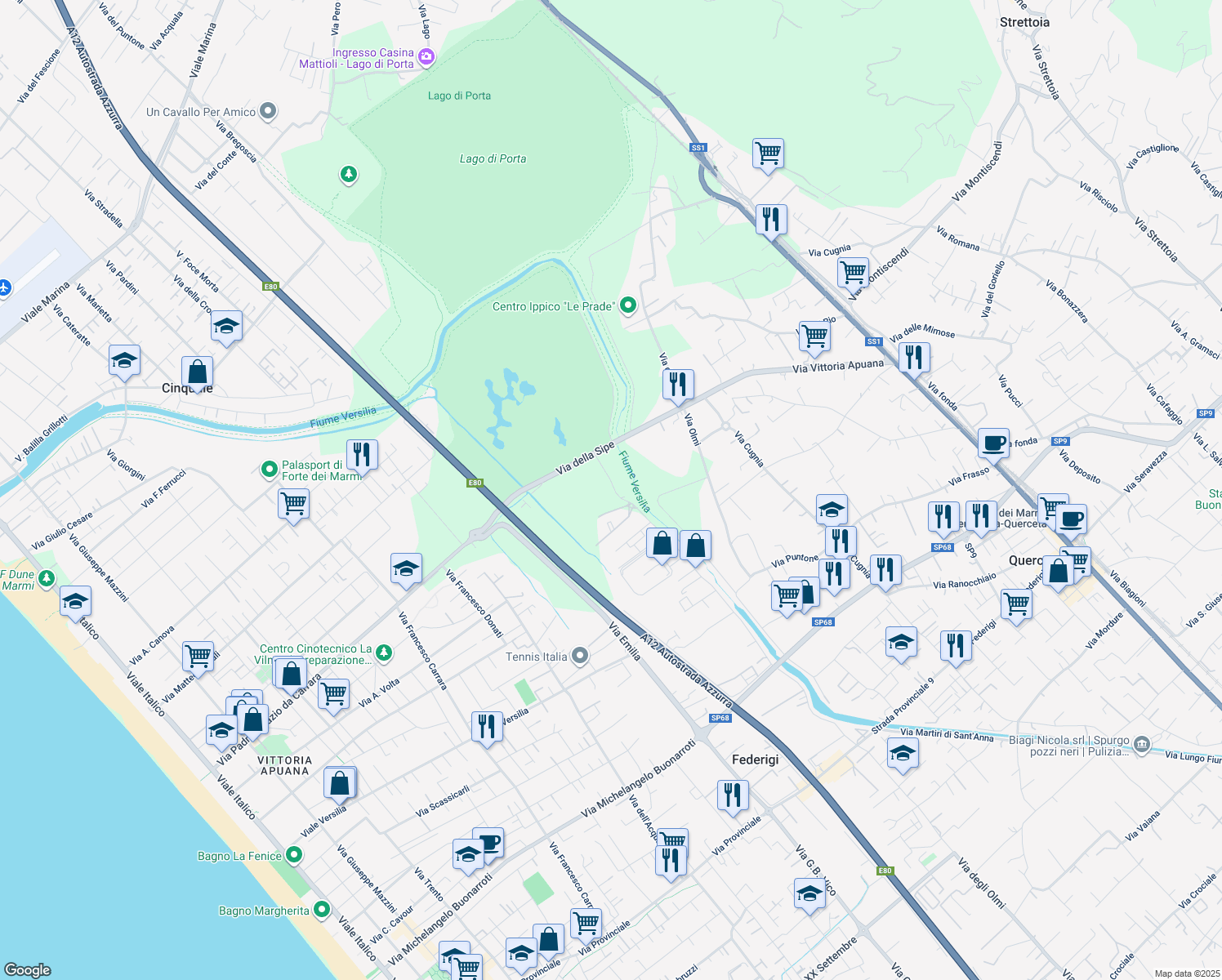 map of restaurants, bars, coffee shops, grocery stores, and more near 1589 Via Ciocche in Pietrasanta