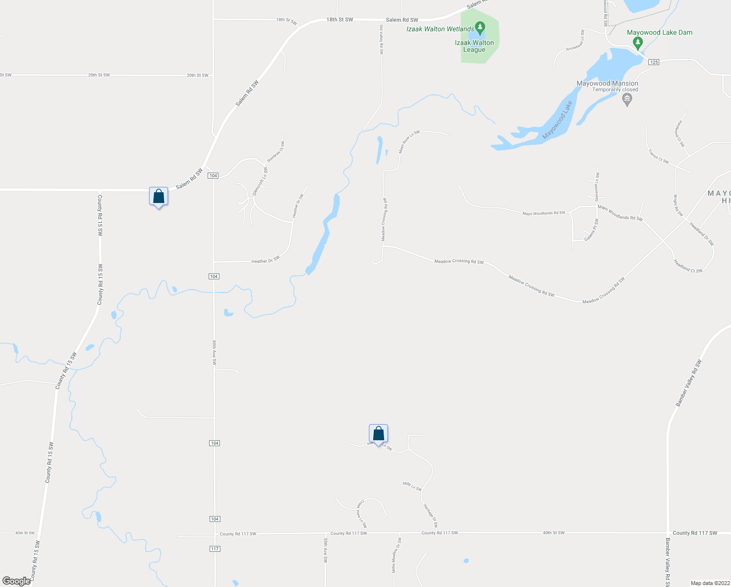 map of restaurants, bars, coffee shops, grocery stores, and more near 5356 Meadow Crossing Road Southwest in Rochester
