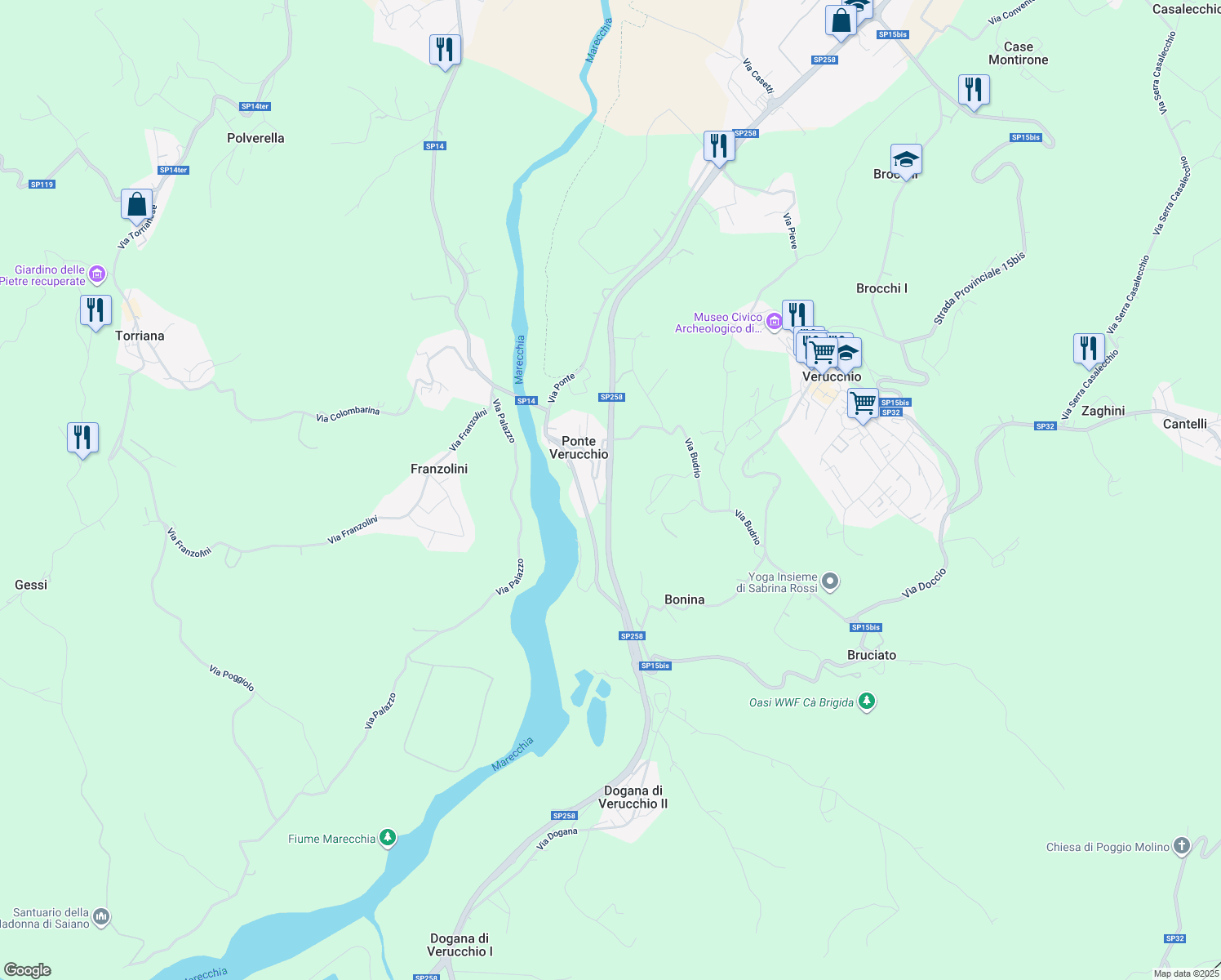 map of restaurants, bars, coffee shops, grocery stores, and more near 54 Via Marecchiese in Ponte Verucchio