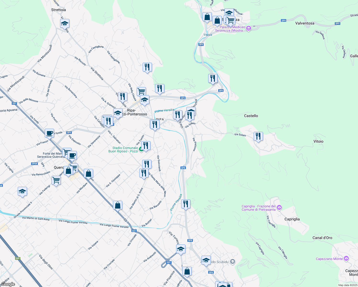 map of restaurants, bars, coffee shops, grocery stores, and more near 599 Via Serra in Provincia di Lucca