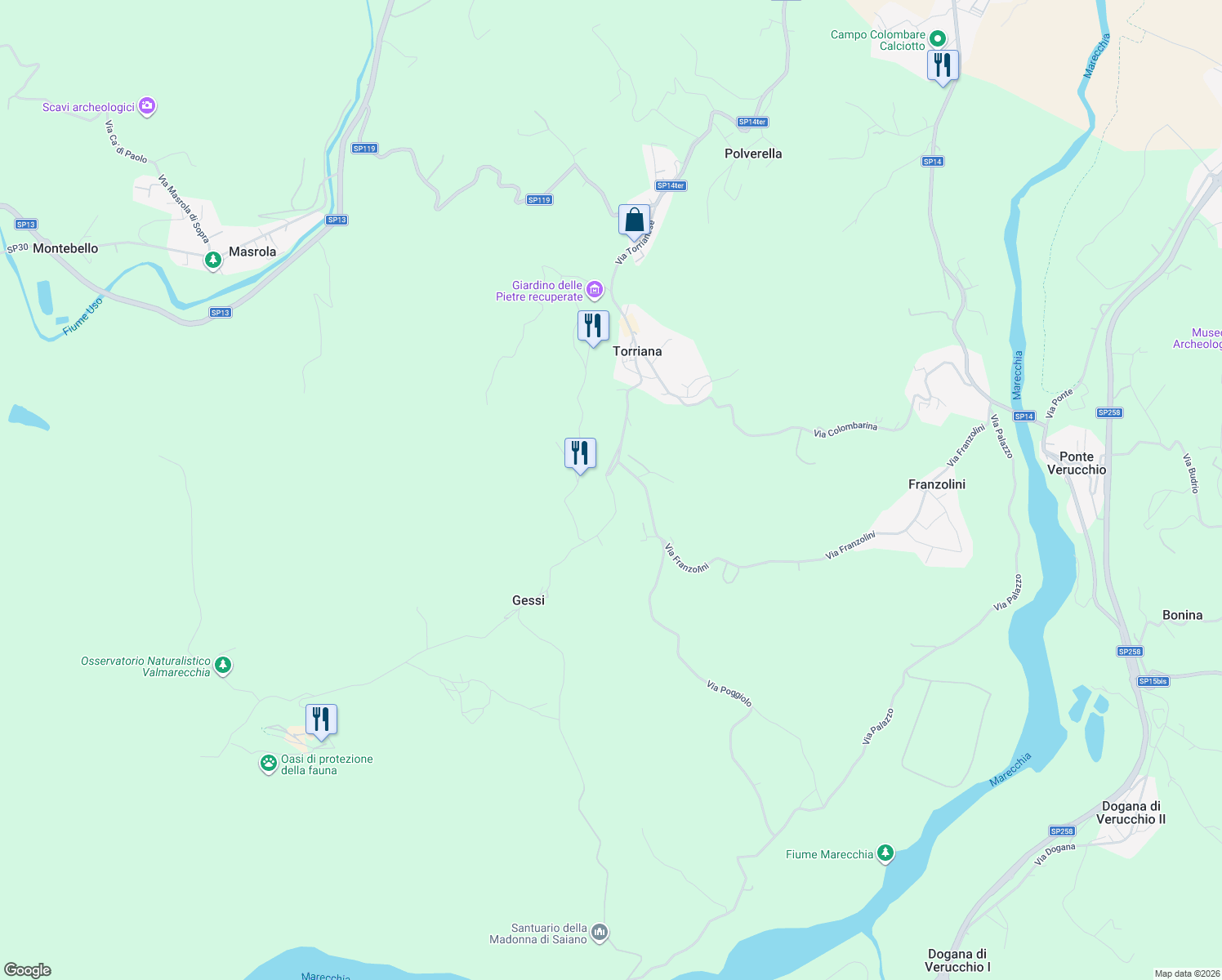 map of restaurants, bars, coffee shops, grocery stores, and more near 23 Via Montebello in Poggio Torriana