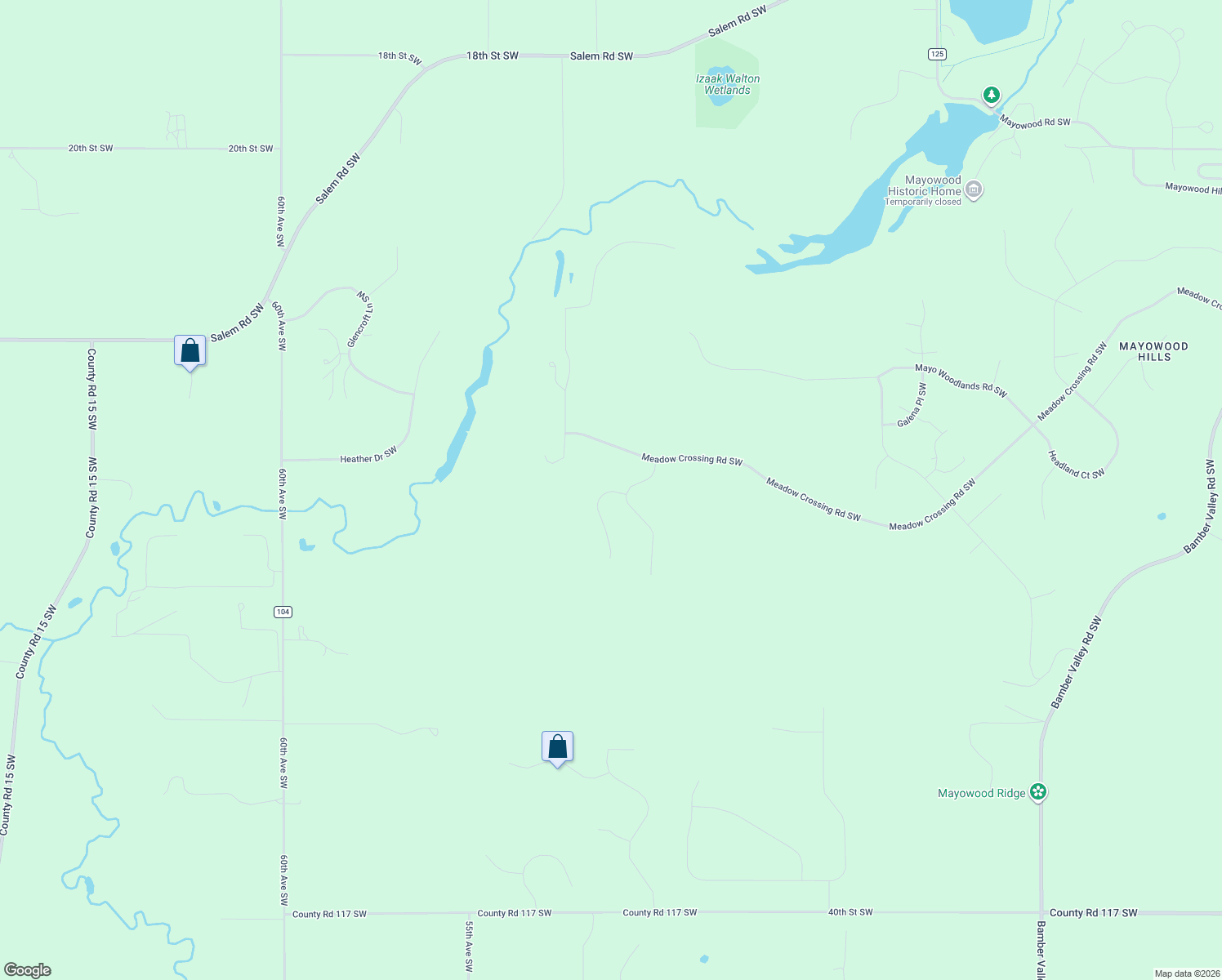 map of restaurants, bars, coffee shops, grocery stores, and more near 5225 Meadow Crossing Road Southwest in Rochester