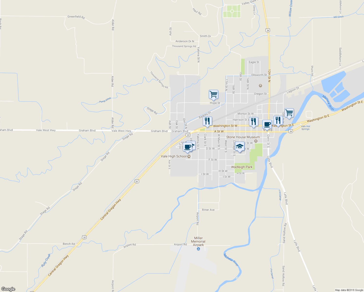 map of restaurants, bars, coffee shops, grocery stores, and more near 1111 D St W in Vale
