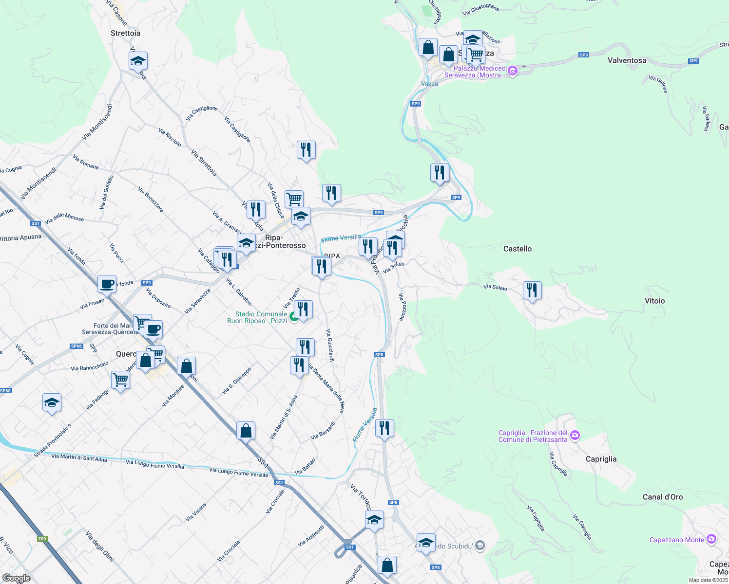 map of restaurants, bars, coffee shops, grocery stores, and more near 599 Via Serra in Provincia di Lucca