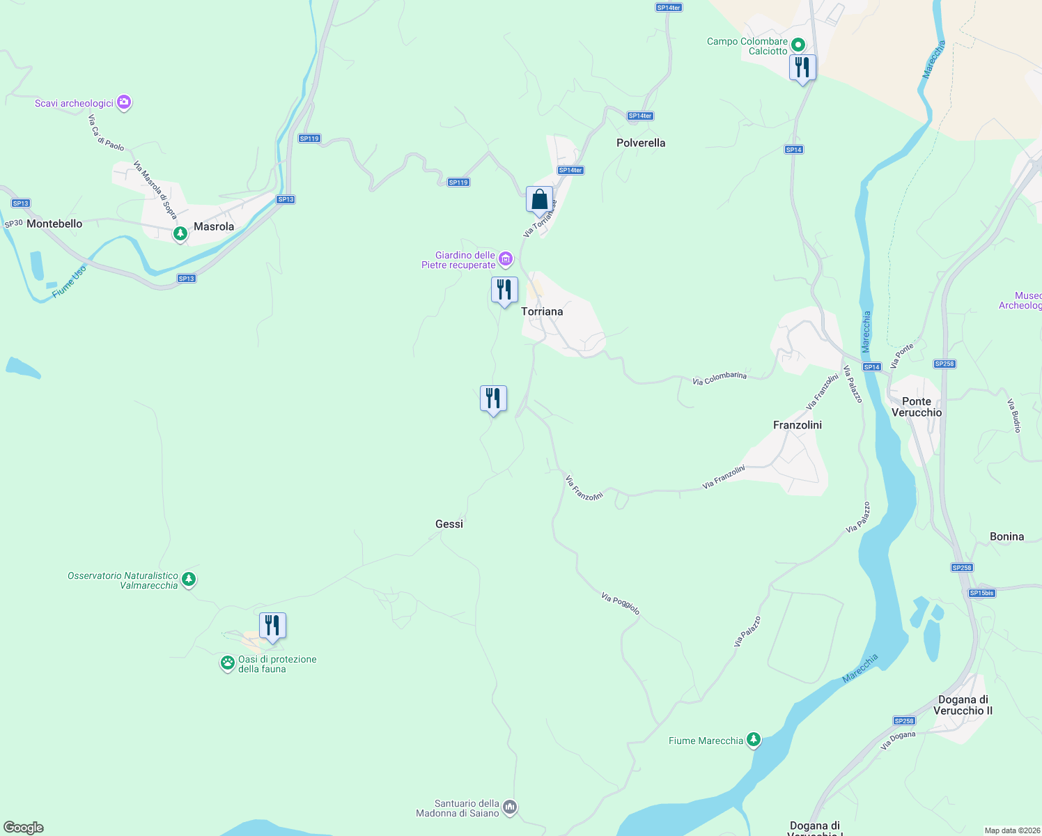 map of restaurants, bars, coffee shops, grocery stores, and more near 23 Via Montebello in Poggio Torriana