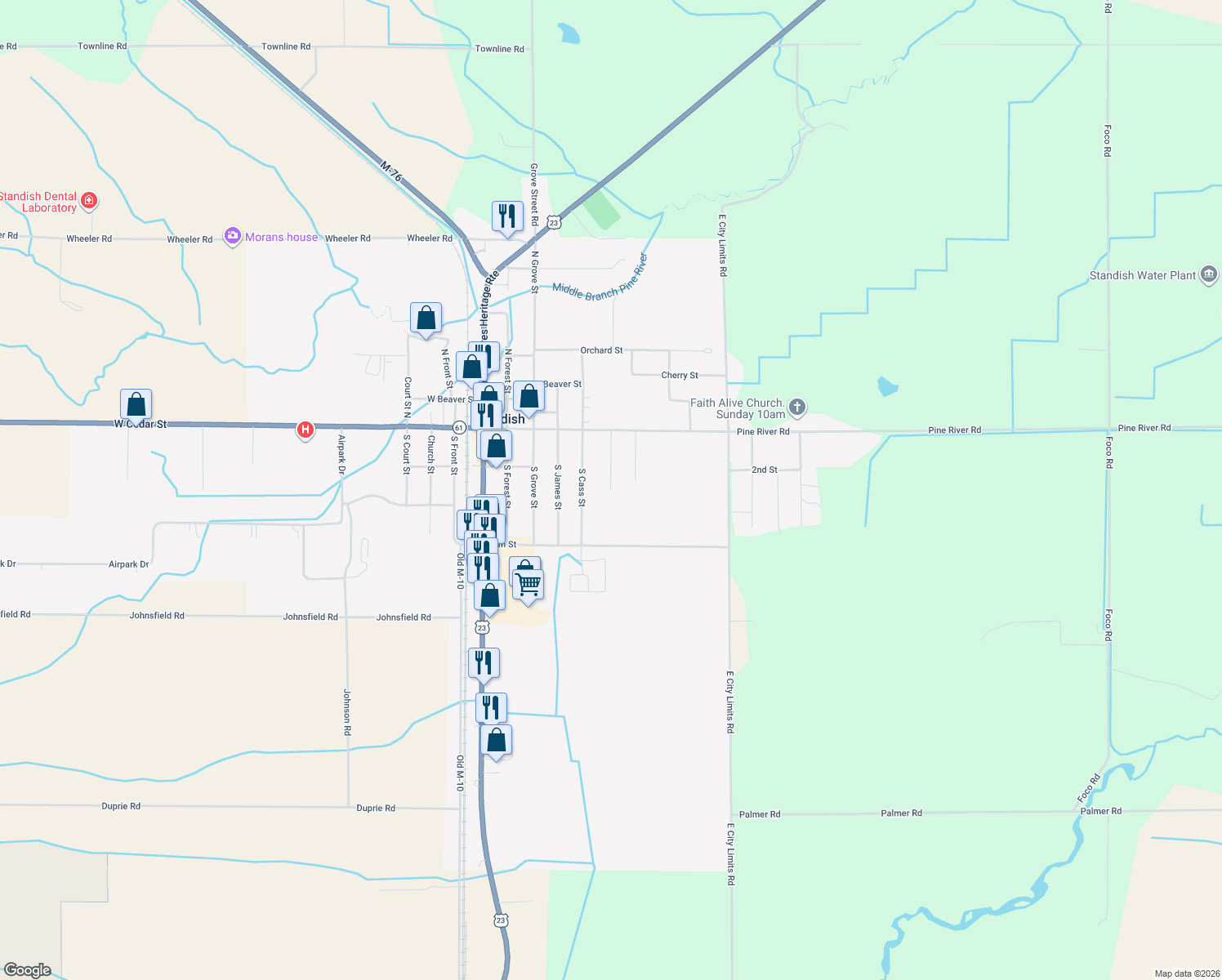 map of restaurants, bars, coffee shops, grocery stores, and more near 148 Almont St in Standish