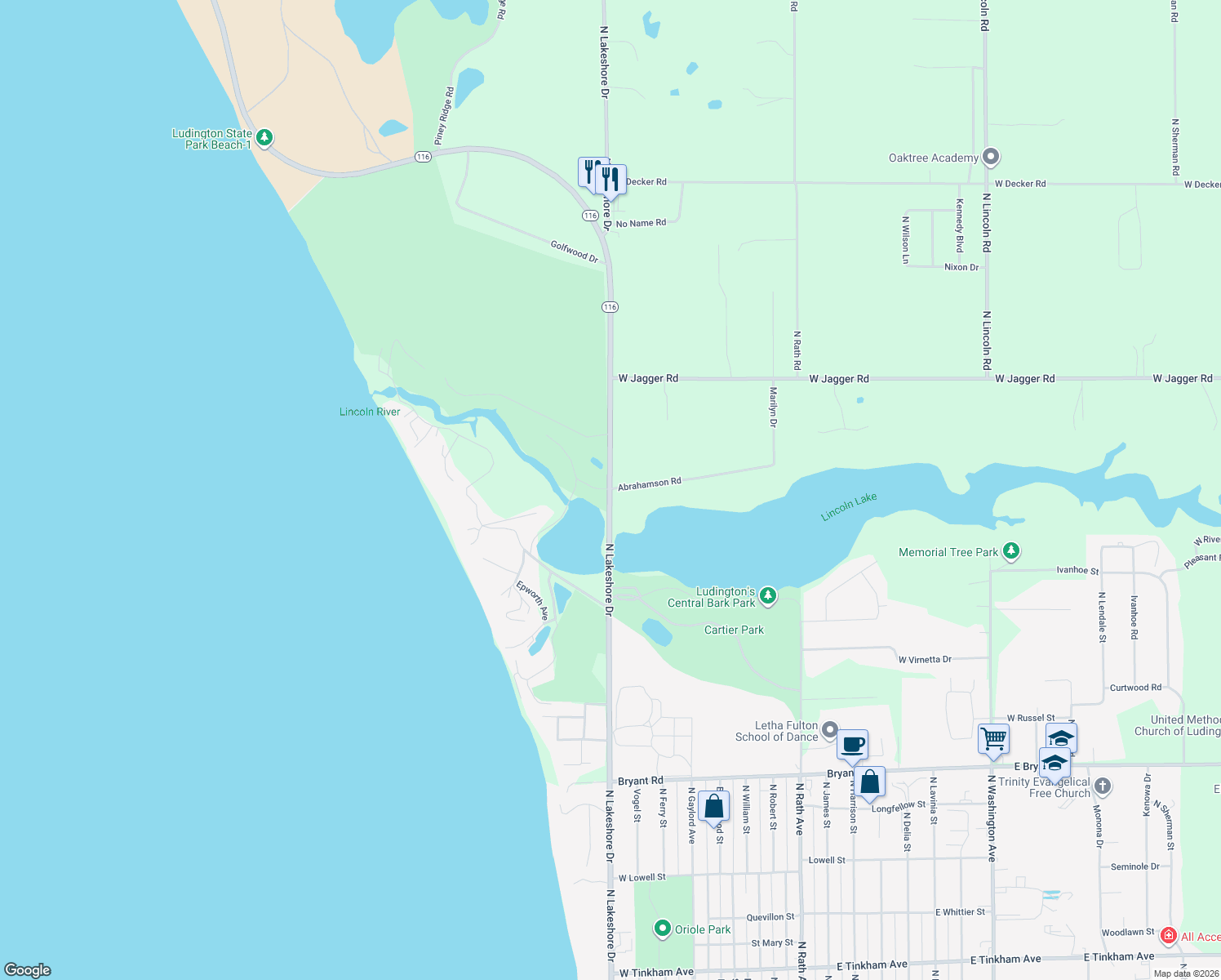 map of restaurants, bars, coffee shops, grocery stores, and more near 1414 North Lakeshore Drive in Ludington