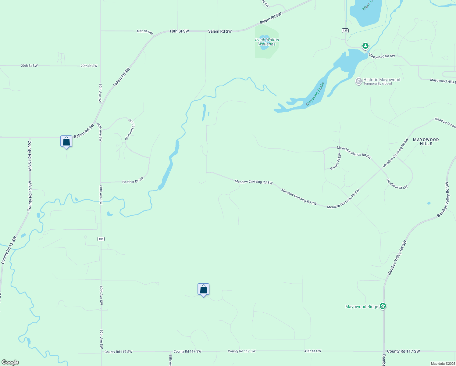 map of restaurants, bars, coffee shops, grocery stores, and more near 5225 Meadow Crossing Road Southwest in Rochester