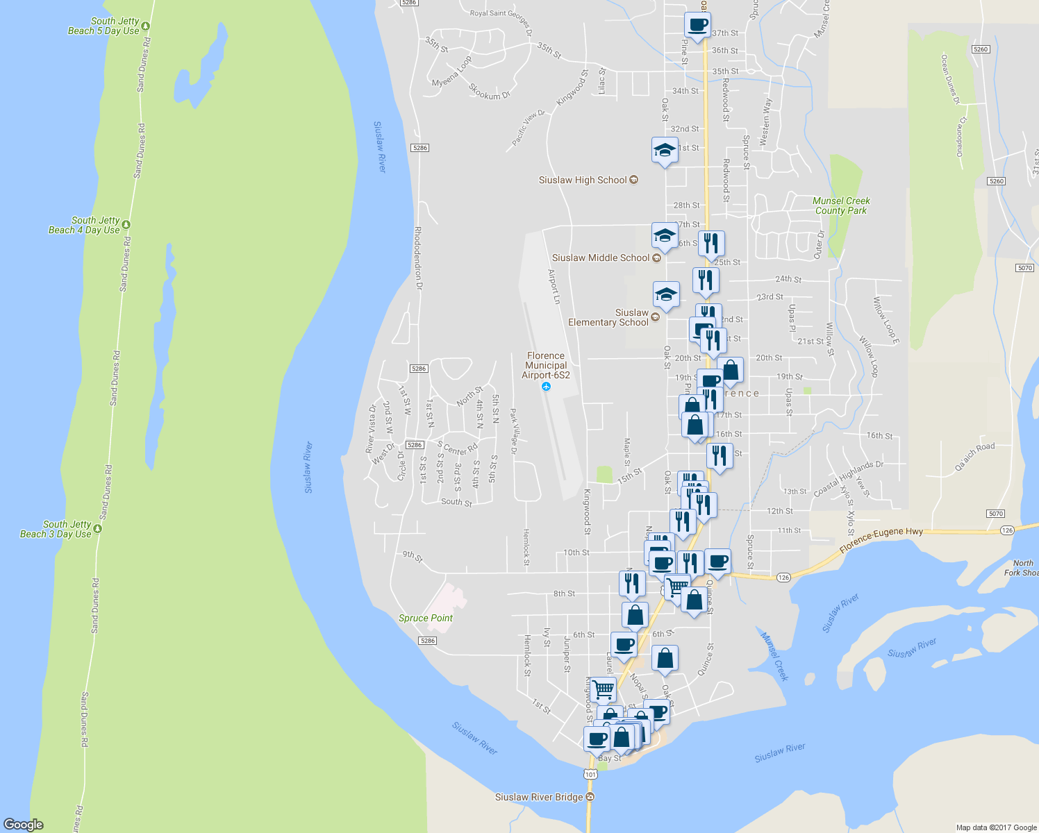 map of restaurants, bars, coffee shops, grocery stores, and more near 46 Park Village Dr in Florence