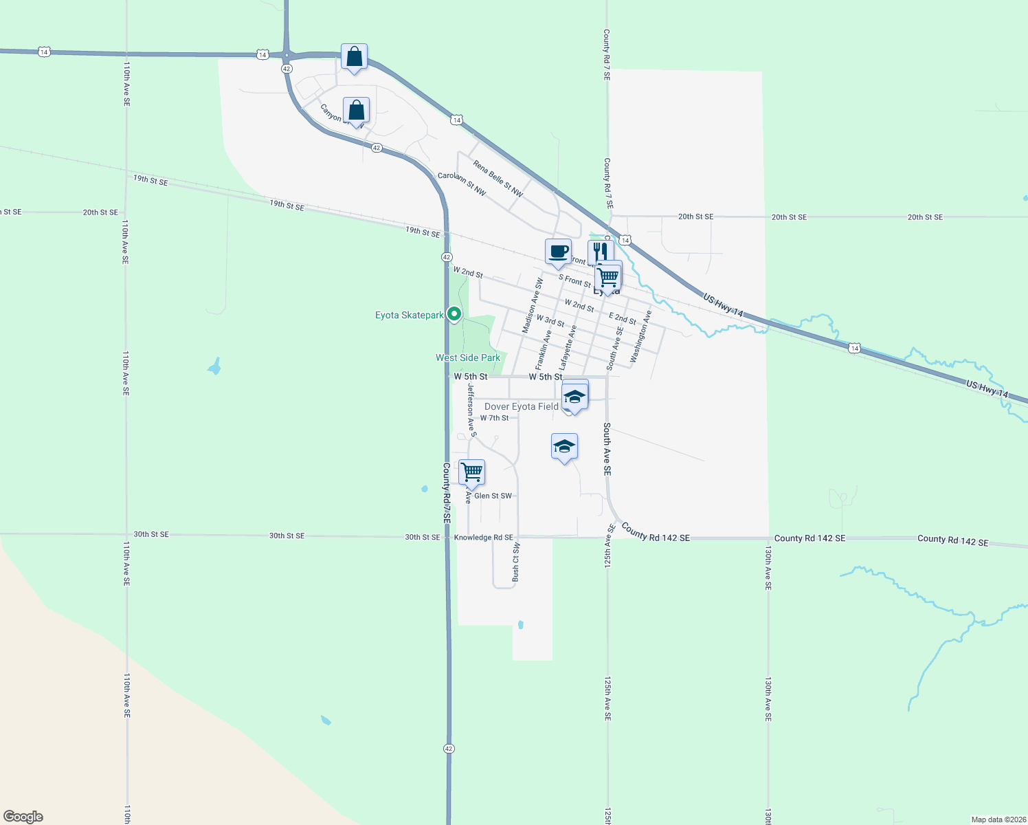 map of restaurants, bars, coffee shops, grocery stores, and more near 619 Madison Avenue Southwest in Eyota