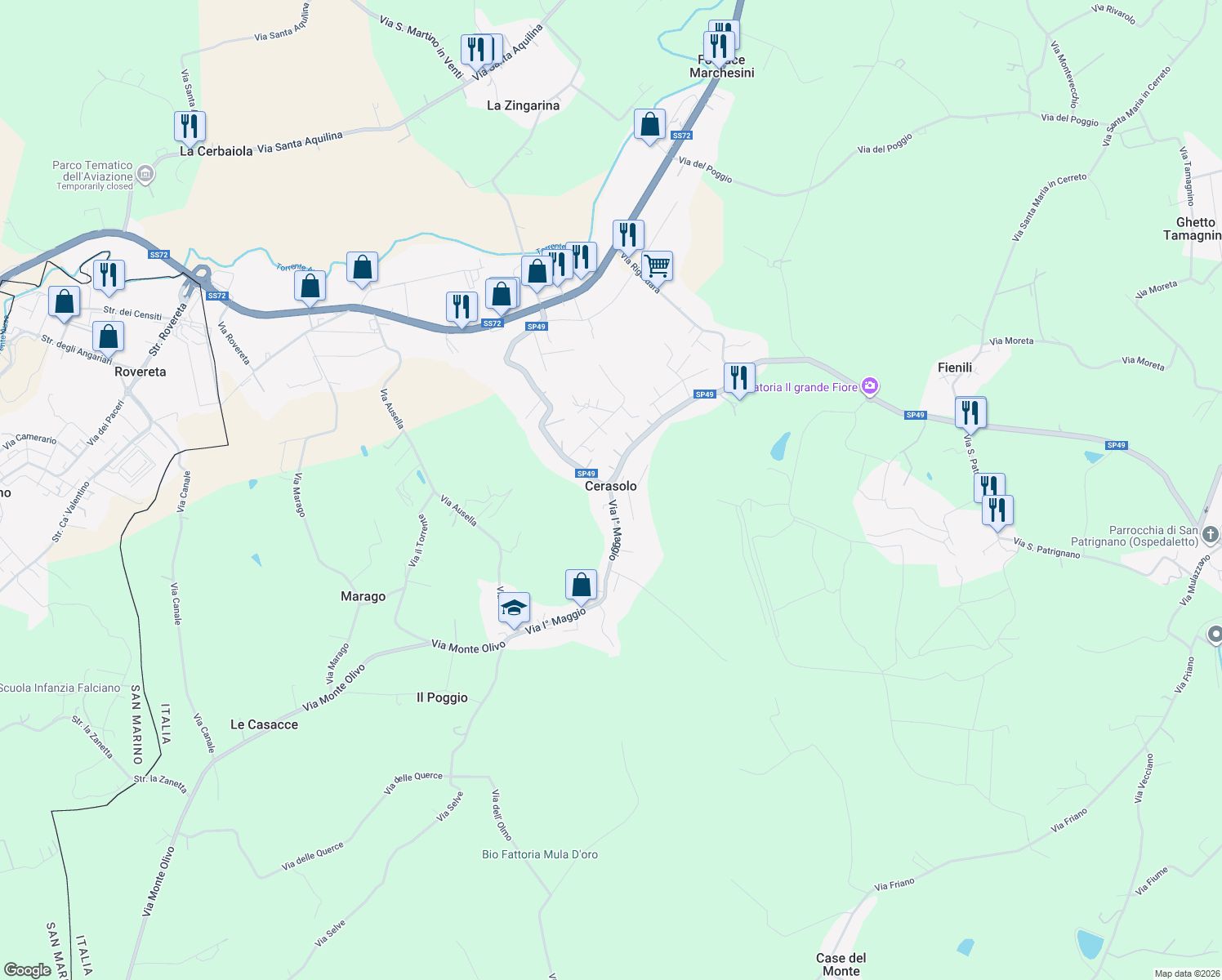 map of restaurants, bars, coffee shops, grocery stores, and more near in Cerasolo