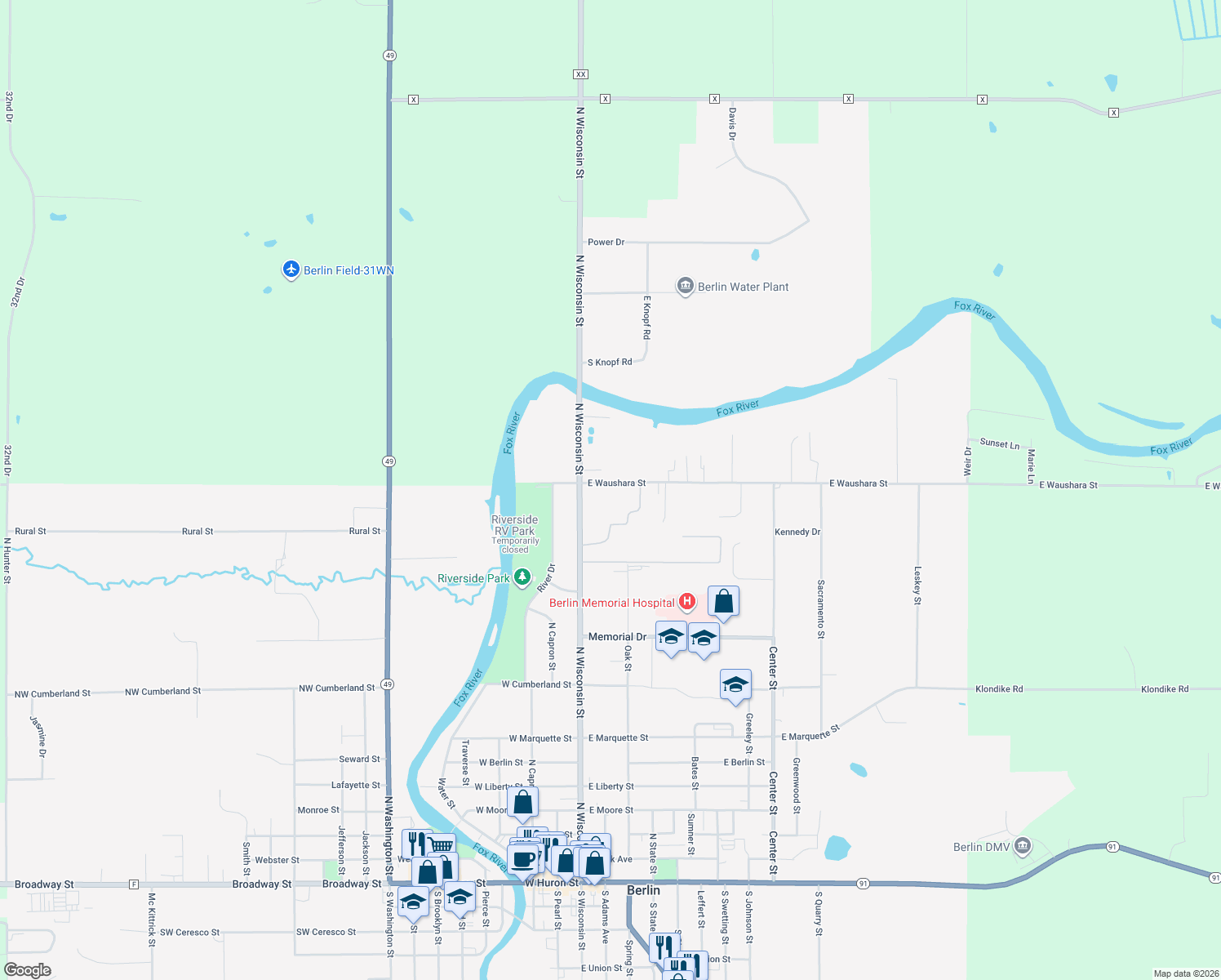 map of restaurants, bars, coffee shops, grocery stores, and more near 134 East Waushara Street in Berlin