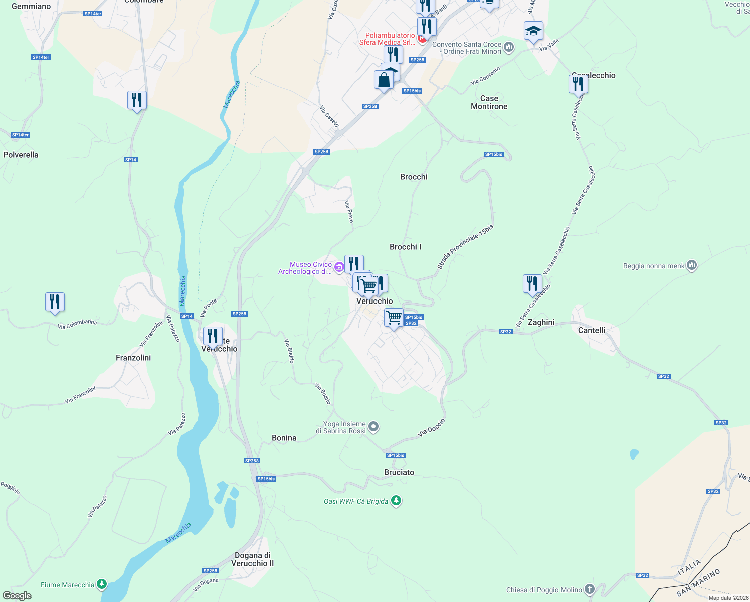 map of restaurants, bars, coffee shops, grocery stores, and more near Via Rocca in Verucchio