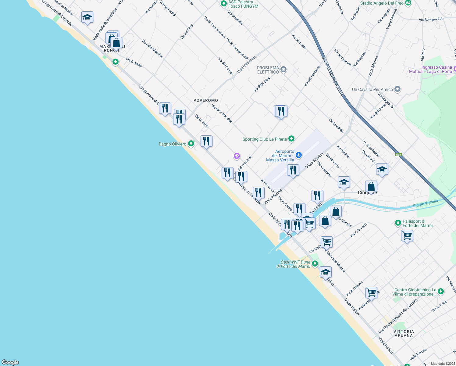 map of restaurants, bars, coffee shops, grocery stores, and more near 196 Lungomare di Levante in Massa