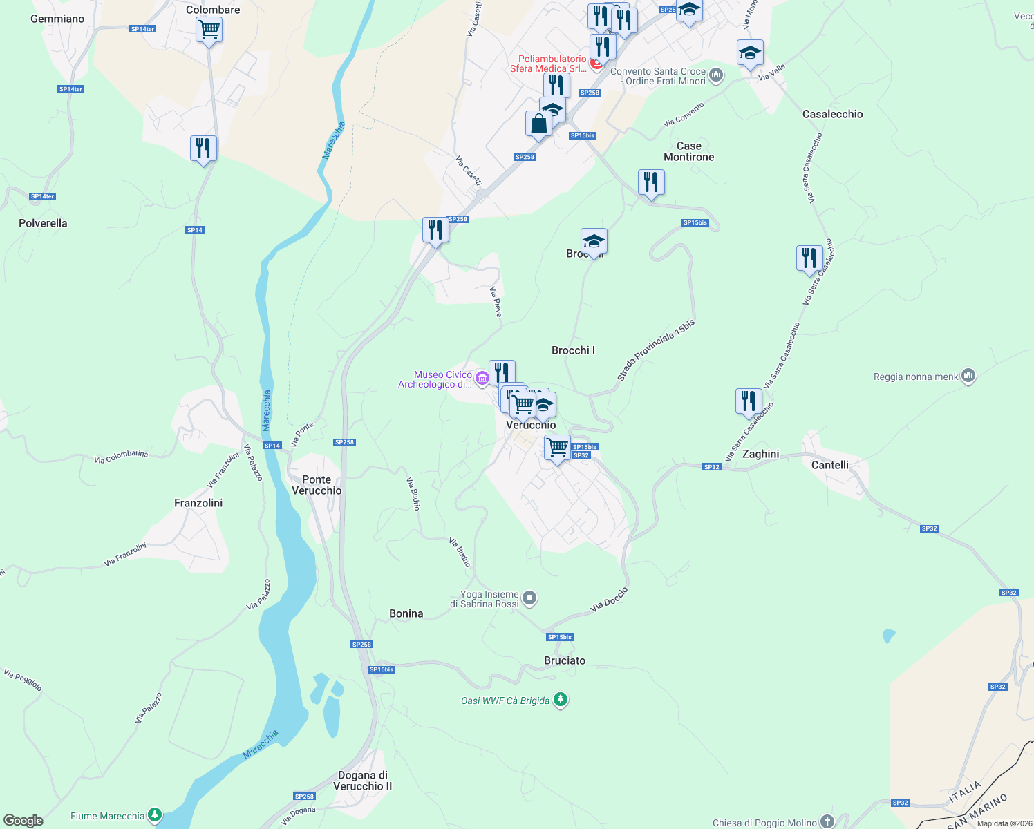 map of restaurants, bars, coffee shops, grocery stores, and more near Via Rocca in Verucchio
