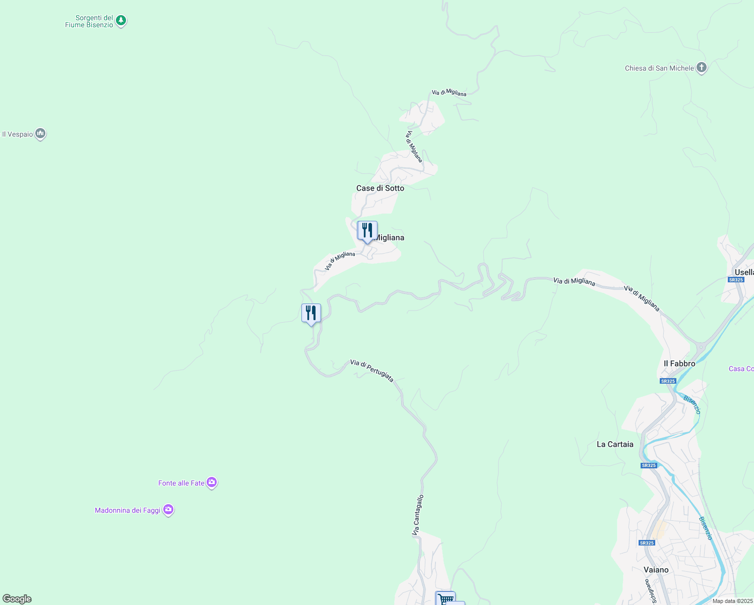 map of restaurants, bars, coffee shops, grocery stores, and more near 52 Via di Migliana in Provincia di Prato