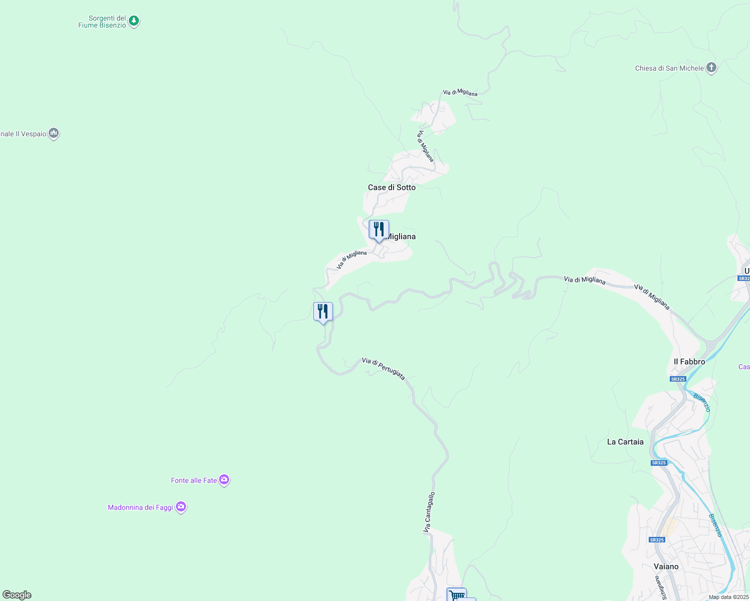 map of restaurants, bars, coffee shops, grocery stores, and more near 52 Via di Migliana in Provincia di Prato