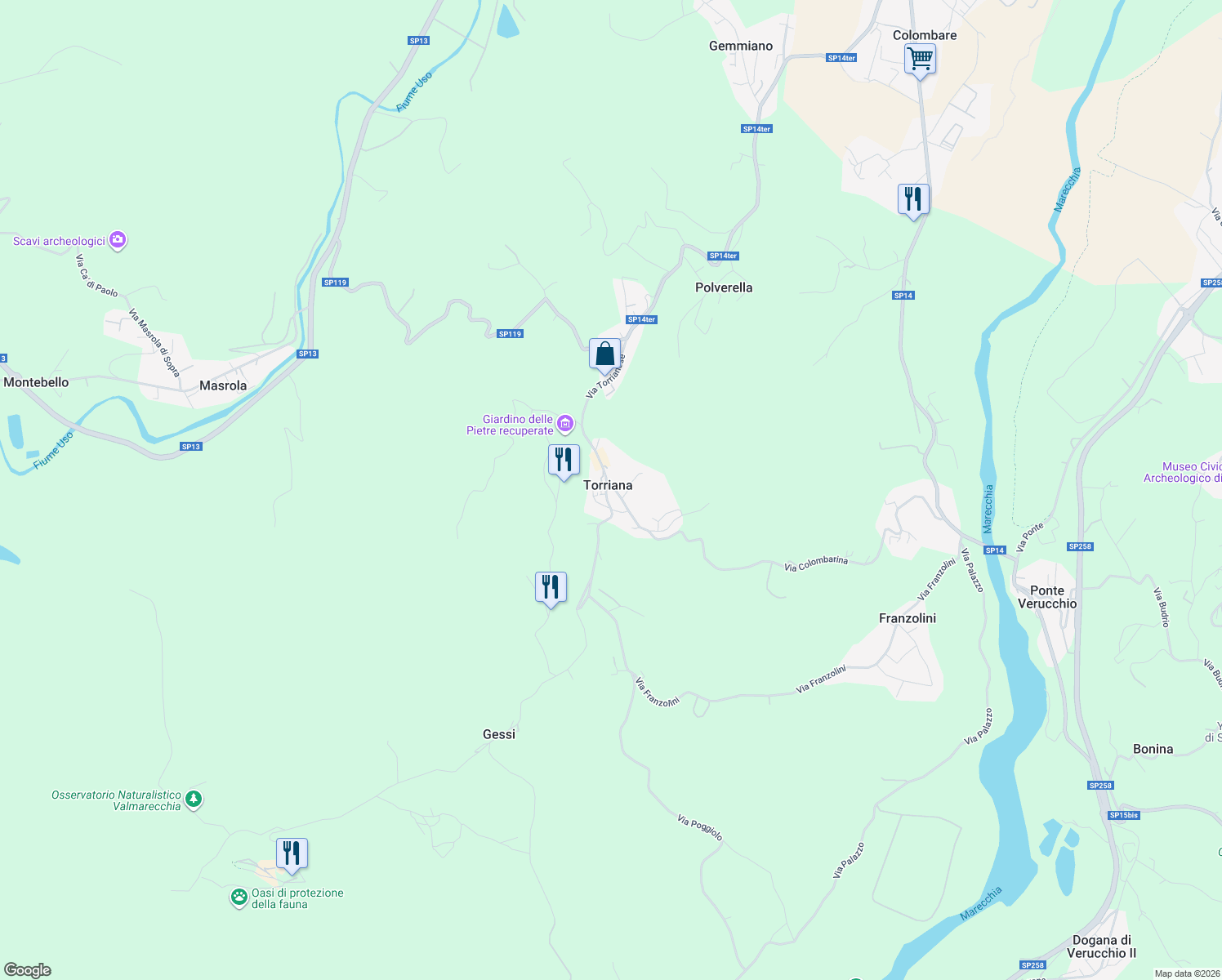 map of restaurants, bars, coffee shops, grocery stores, and more near Strada Provinciale 120 in Torriana