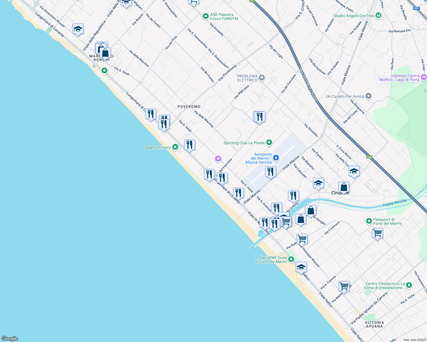map of restaurants, bars, coffee shops, grocery stores, and more near 190-196 Lungomare di Levante in Massa