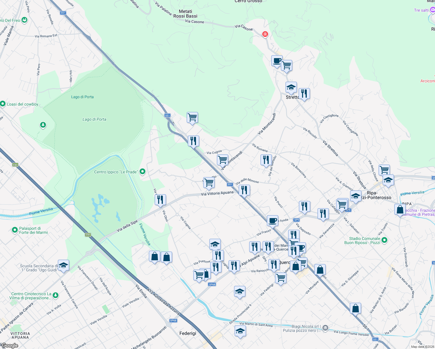 map of restaurants, bars, coffee shops, grocery stores, and more near 45 Strada Statale 1 in Strettoia