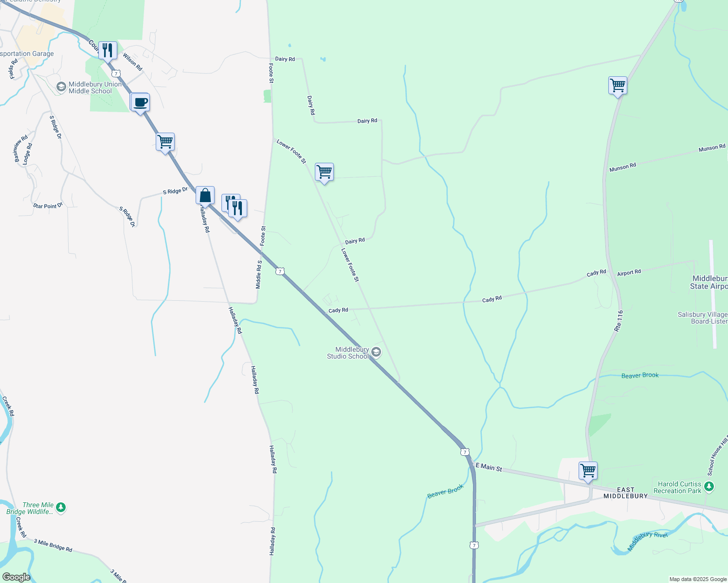 map of restaurants, bars, coffee shops, grocery stores, and more near 795 Lower Foote St in Middlebury