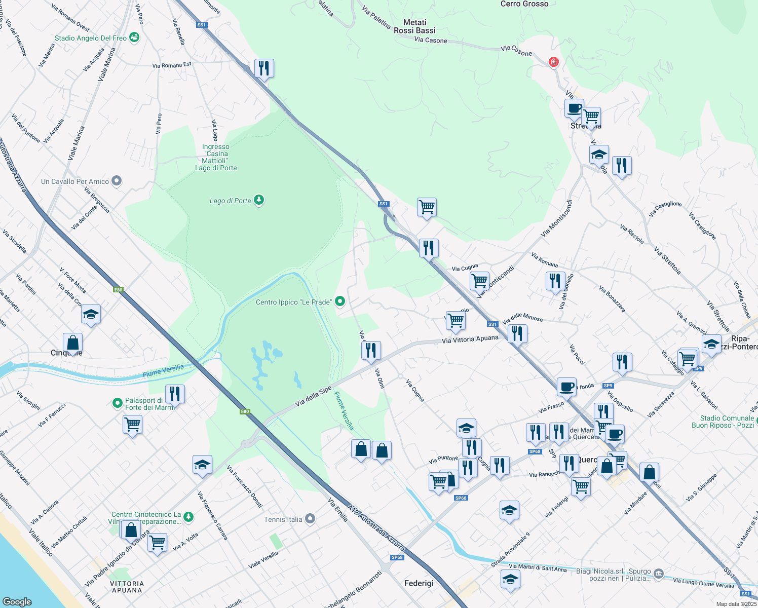 map of restaurants, bars, coffee shops, grocery stores, and more near 102 Via del Rio in Strettoia
