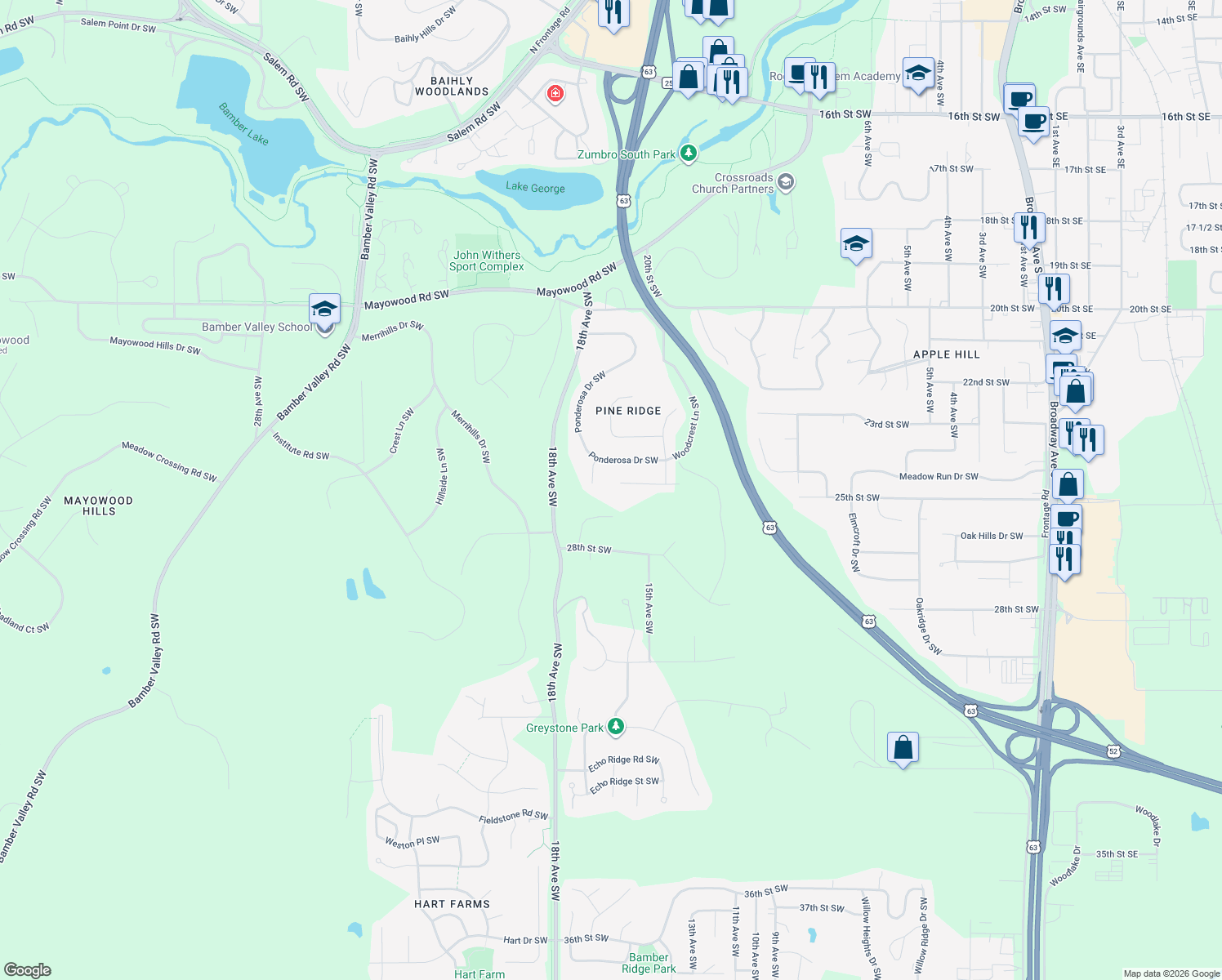 map of restaurants, bars, coffee shops, grocery stores, and more near 1550 Monterey Lane Southwest in Rochester