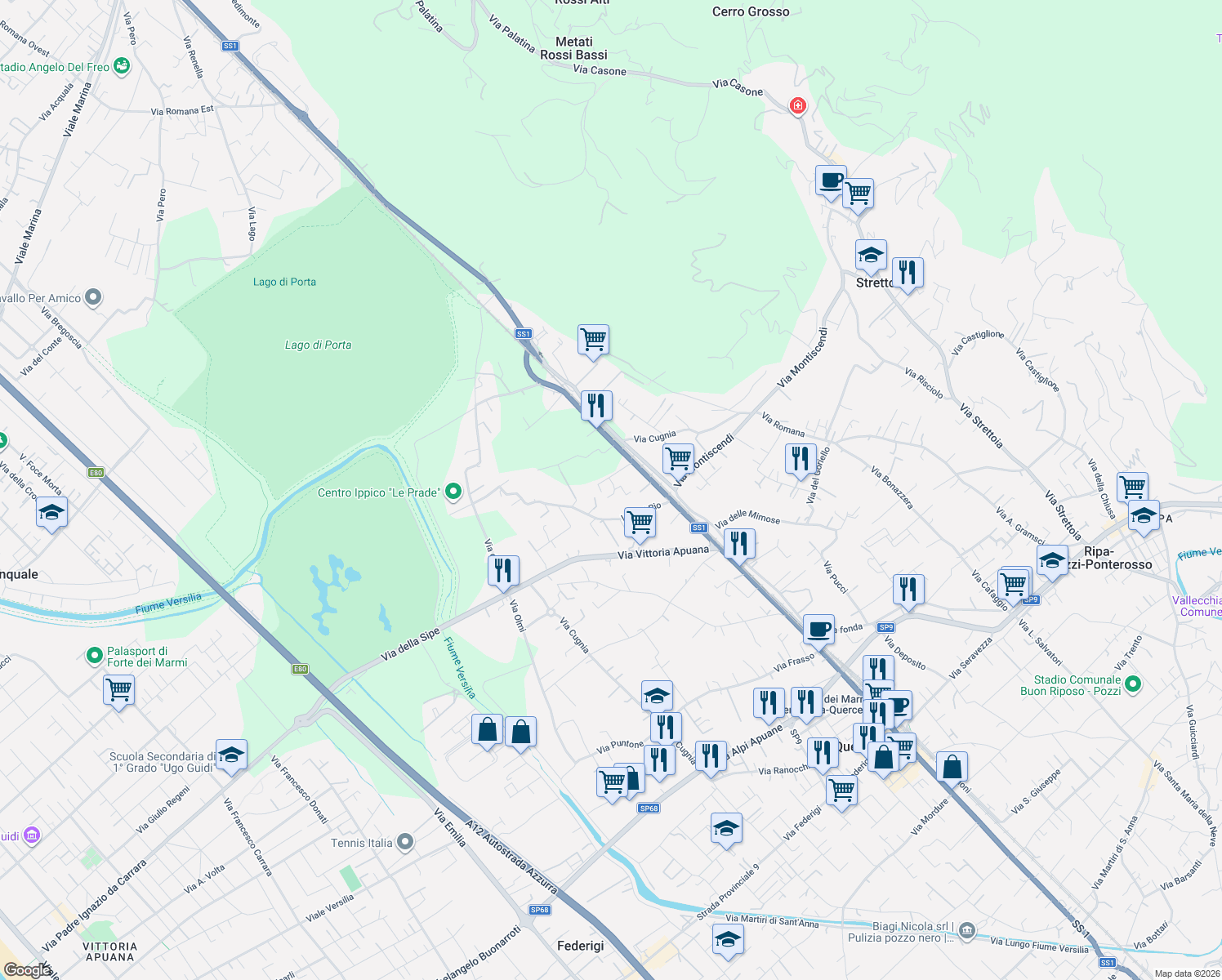 map of restaurants, bars, coffee shops, grocery stores, and more near 37 Via dei Mughetti in Strettoia