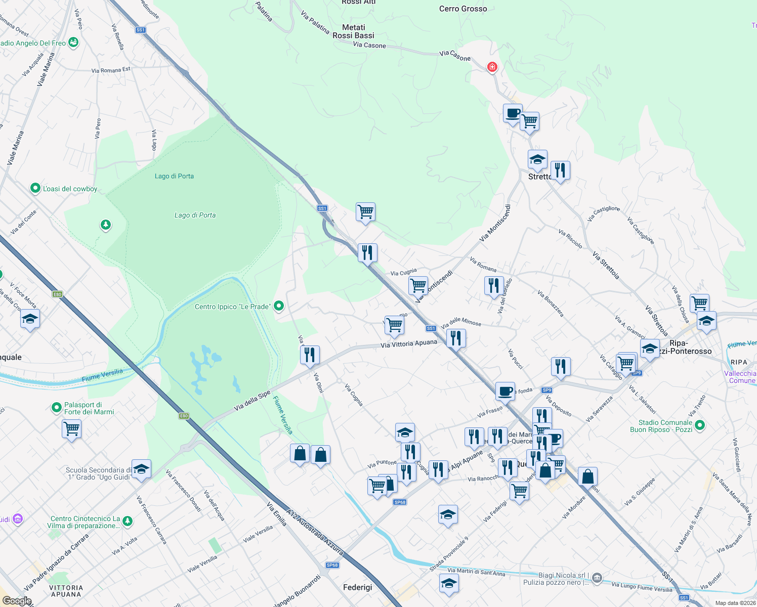 map of restaurants, bars, coffee shops, grocery stores, and more near 37 Via dei Mughetti in Strettoia