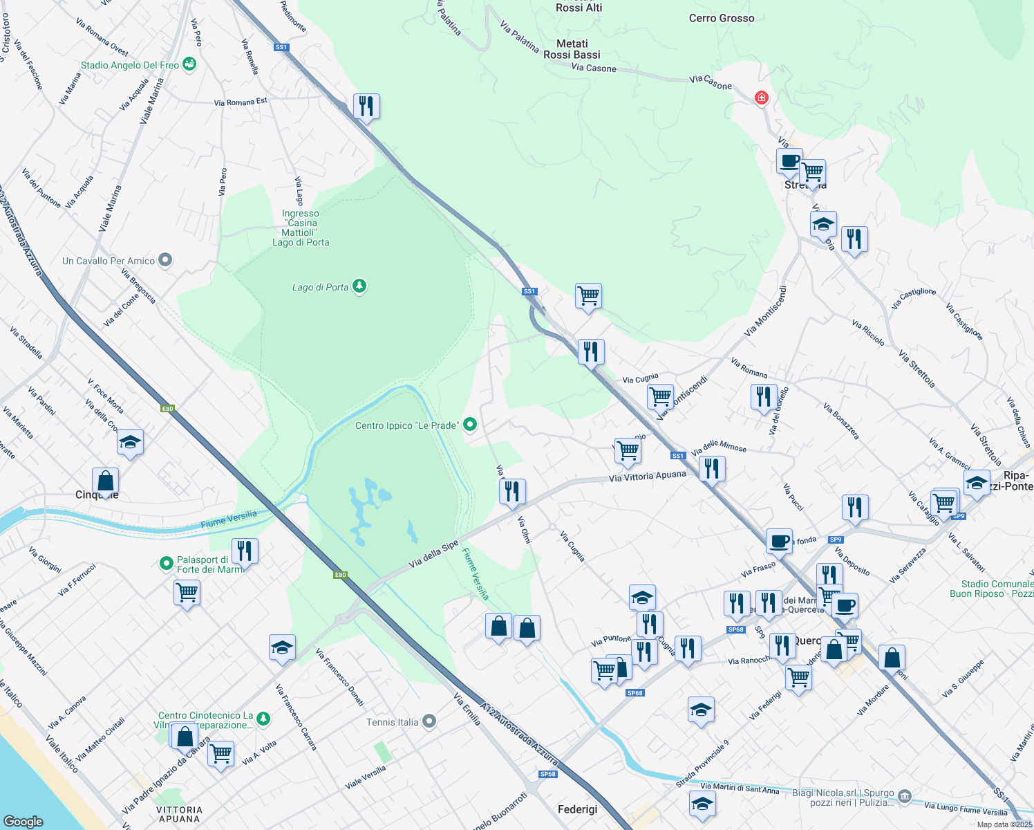 map of restaurants, bars, coffee shops, grocery stores, and more near 102 Via del Rio in Strettoia